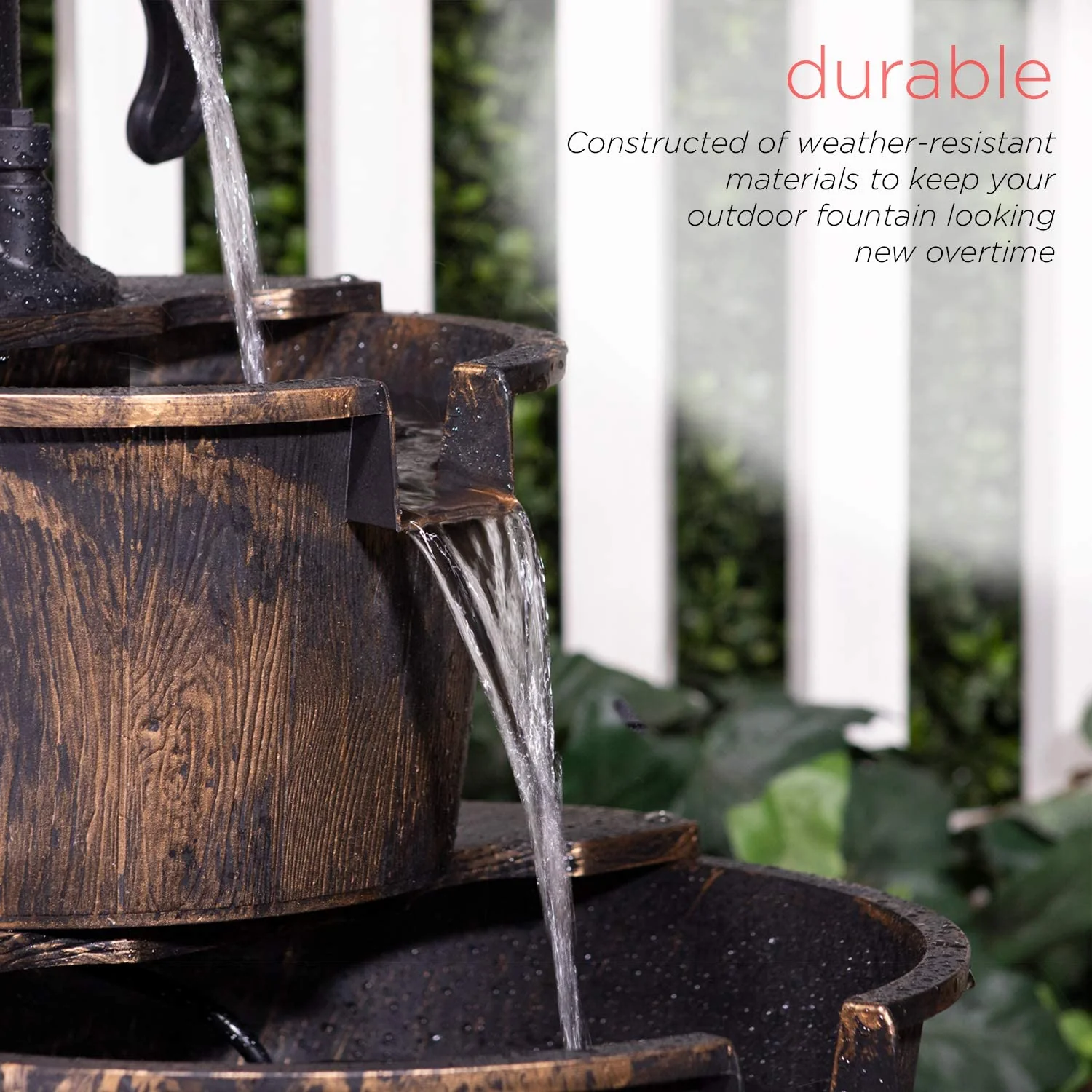 New 2-Tier Garden Barrel Water Fountain – Rustic Outdoor Cascading Feature for Patio, Yard, or Garden Decor GD40087 - Image 5