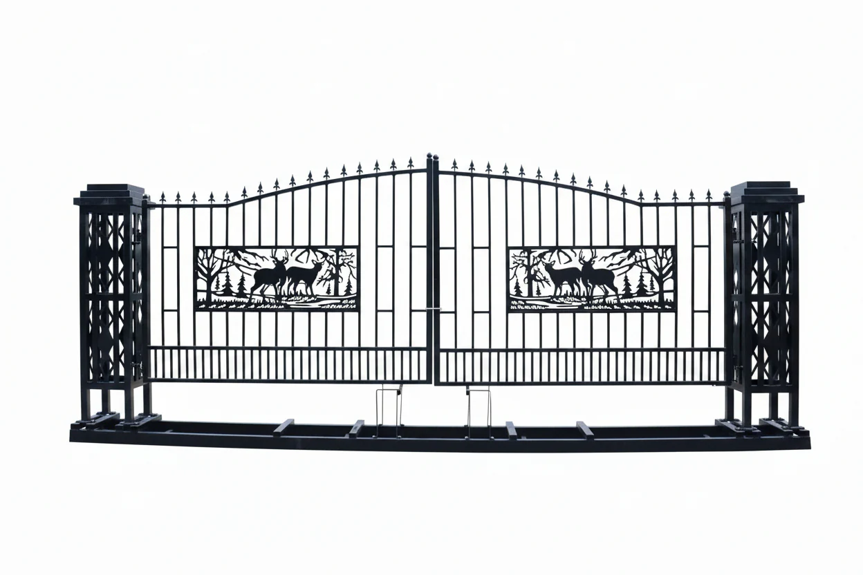 20 FT Heavy-Duty Steel Driveway Gate with Square Deer Artwork – Black Dual Swing Farm & Ranch Gate Kit SU20SQ