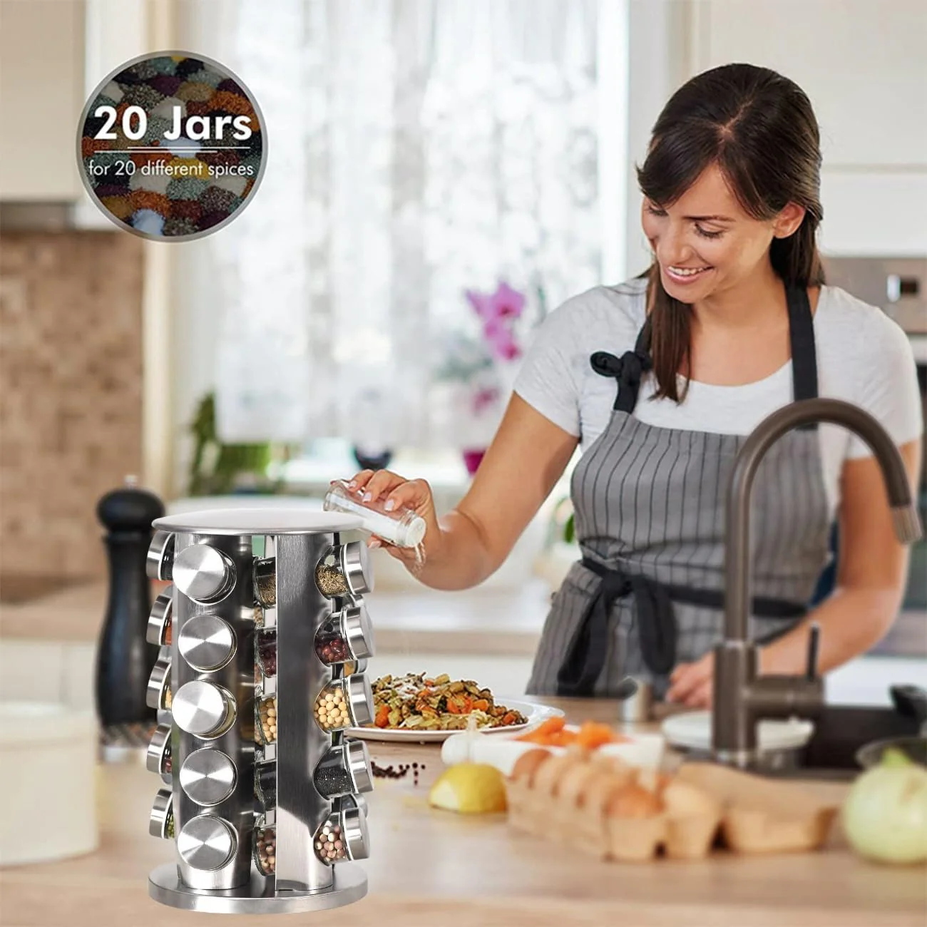 20 Jar Rotating Spice Rack Organizer – Stainless Steel | Spice Jars & Carousel Design K0026