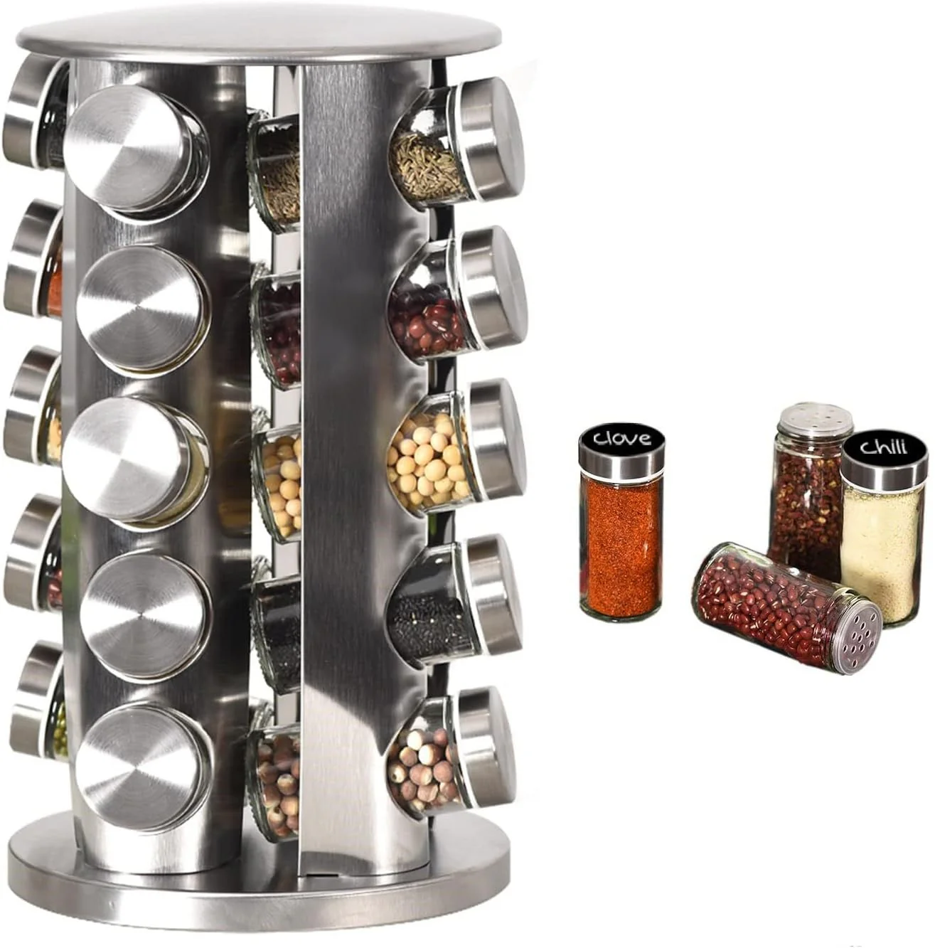 20 Jar Rotating Spice Rack Organizer – Stainless Steel | Spice Jars & Carousel Design K0026 - Image 3
