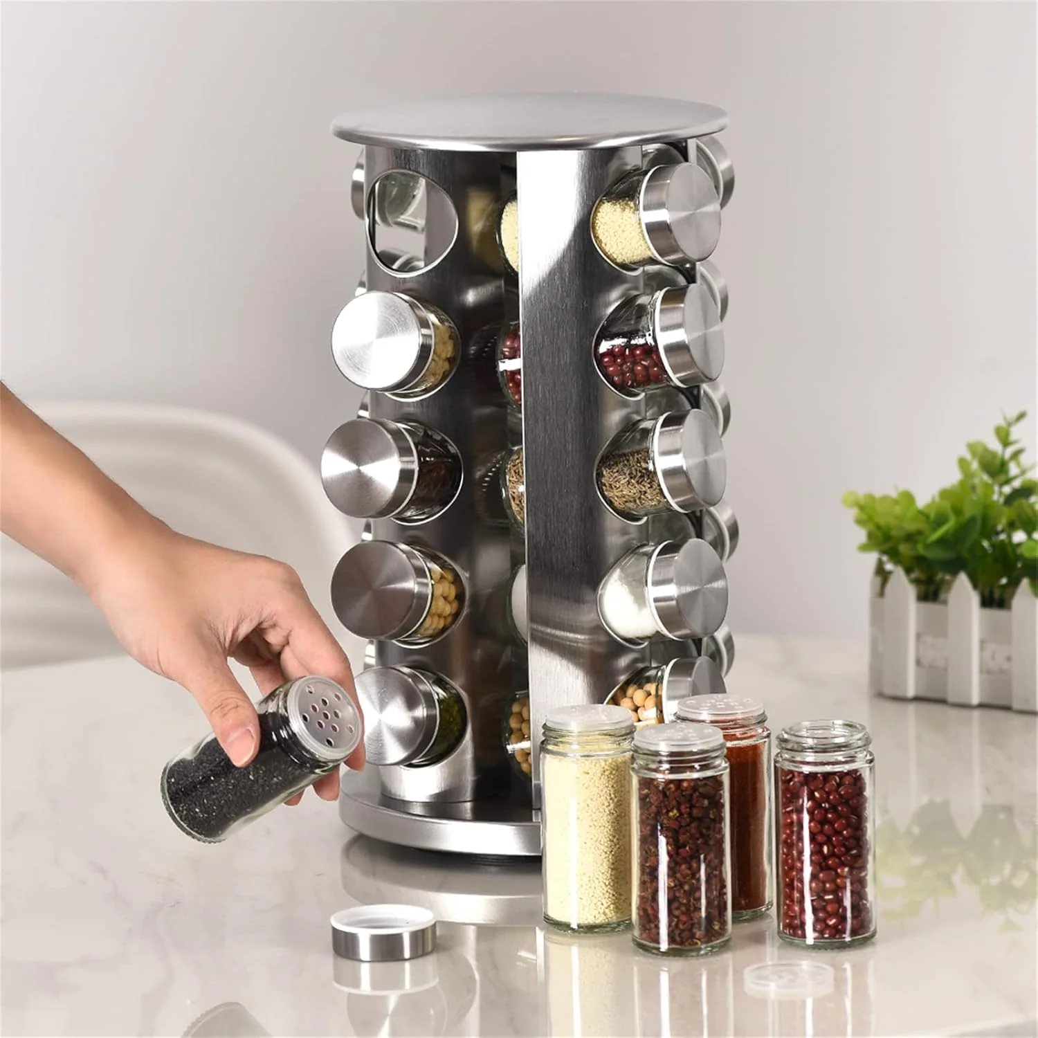 20 Jar Rotating Spice Rack Organizer – Stainless Steel | Spice Jars & Carousel Design K0026 - Image 5