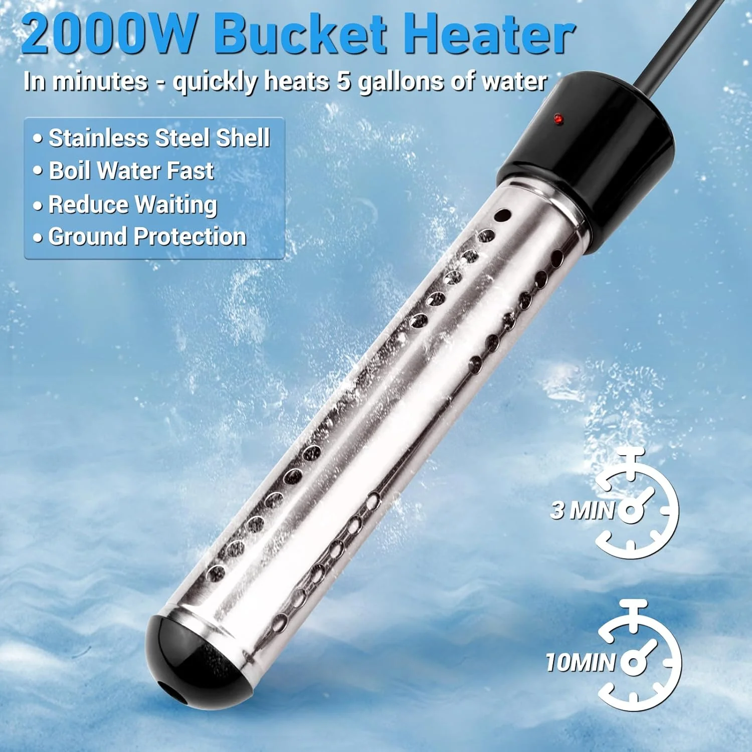 2000W Immersion Water Heater Electric with LCD Thermometer and 304 Stainless Steel Guard for Portable Hot Water Use WH26102 - Image 2