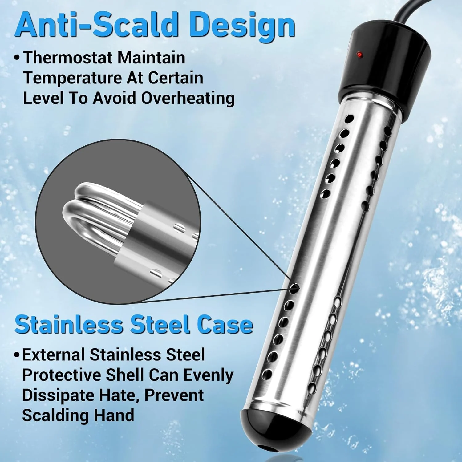 2000W Immersion Water Heater Electric with LCD Thermometer and 304 Stainless Steel Guard for Portable Hot Water Use WH26102 - Image 3