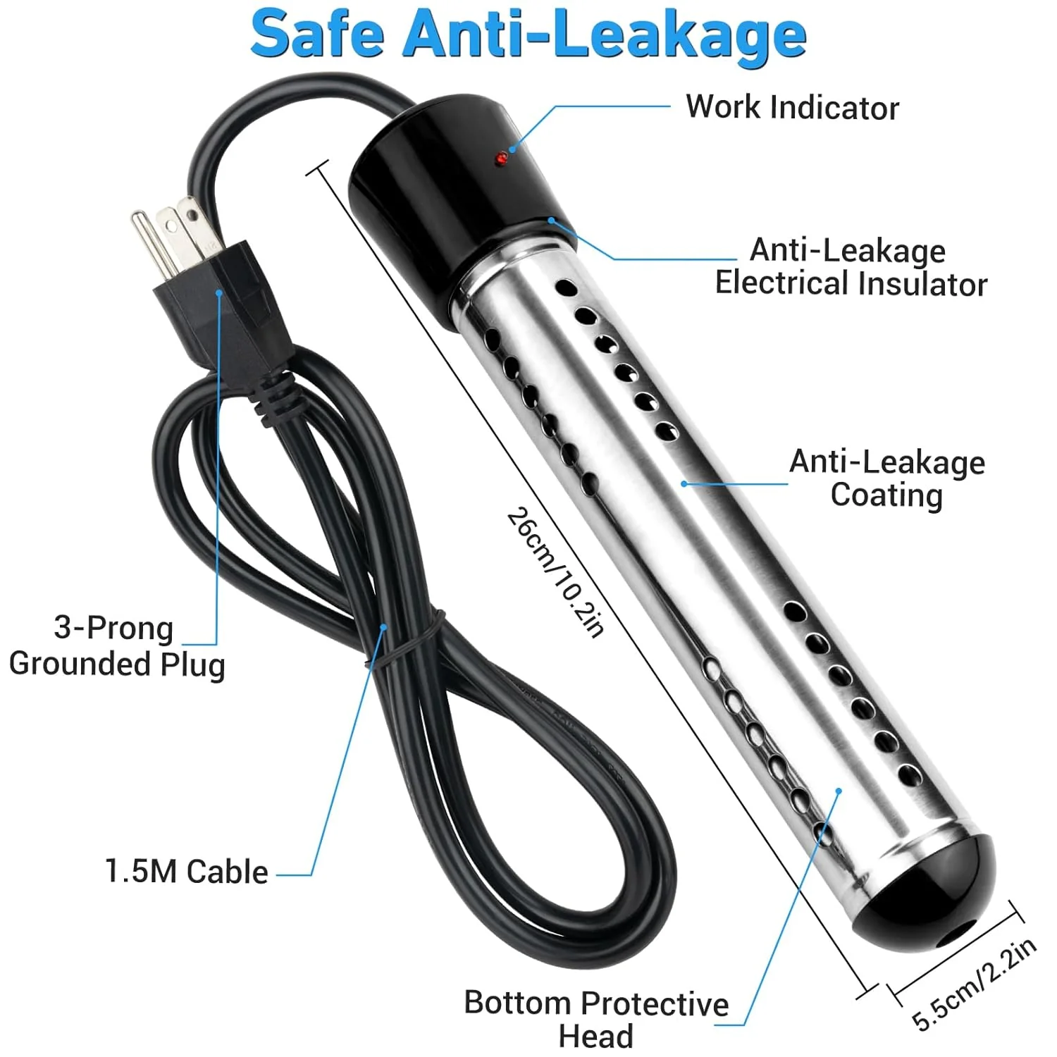 2000W Immersion Water Heater Electric with LCD Thermometer and 304 Stainless Steel Guard for Portable Hot Water Use WH26102 - Image 6