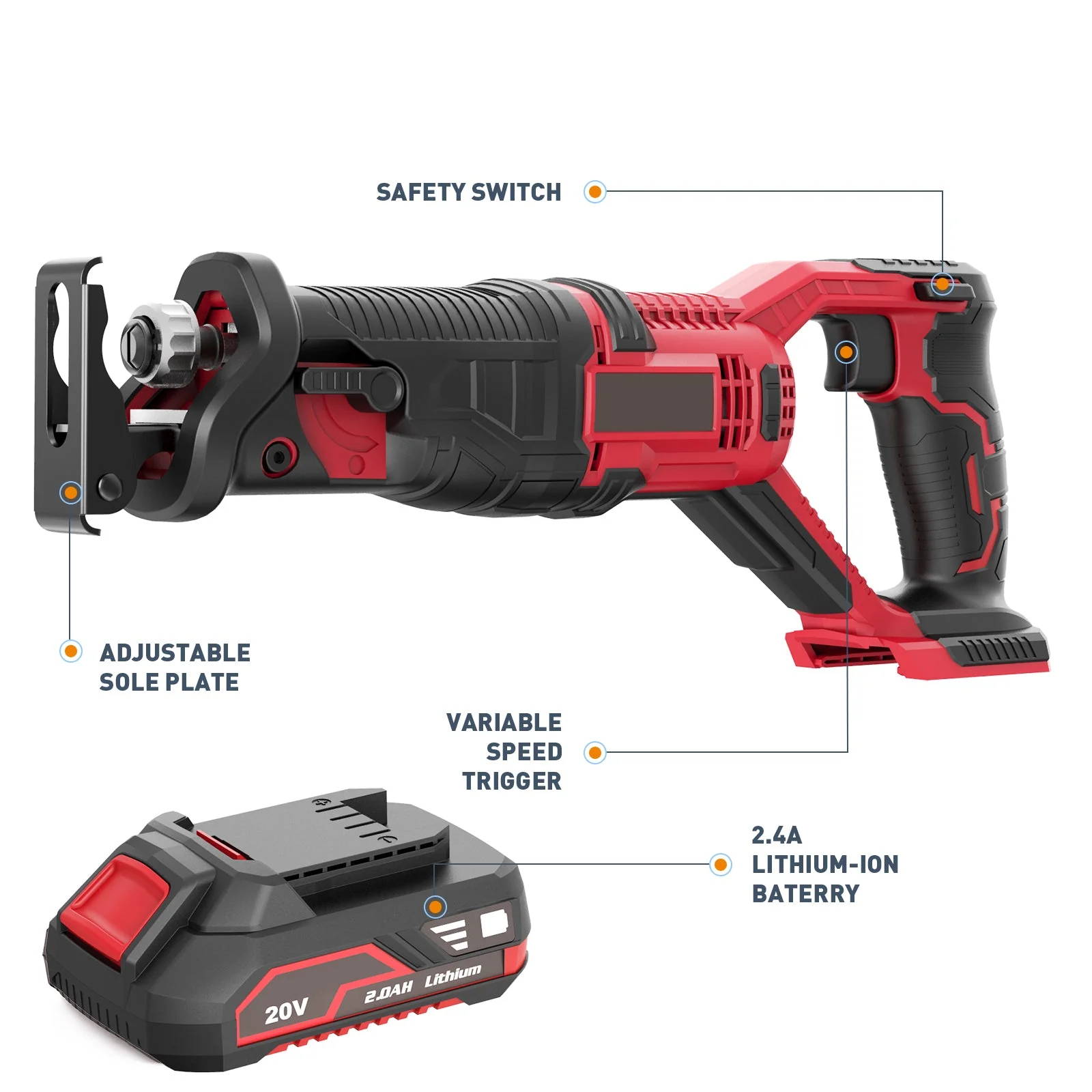 20V Cordless Reciprocating Saw with Battery & Charger – Electric Saw for Wood & Metal Cutting RS20V01 - Image 3
