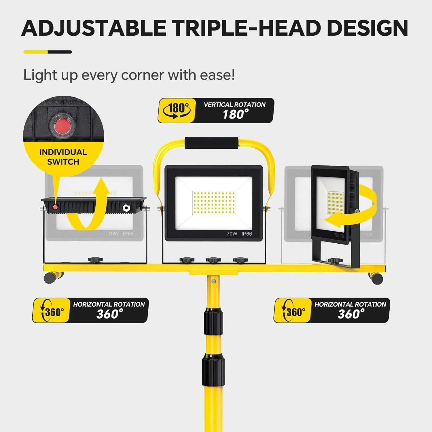 21000LM LED Work Light with Stand – 3-Head Adjustable Tripod 6500K IP66 Waterproof – 1221342 - Image 2