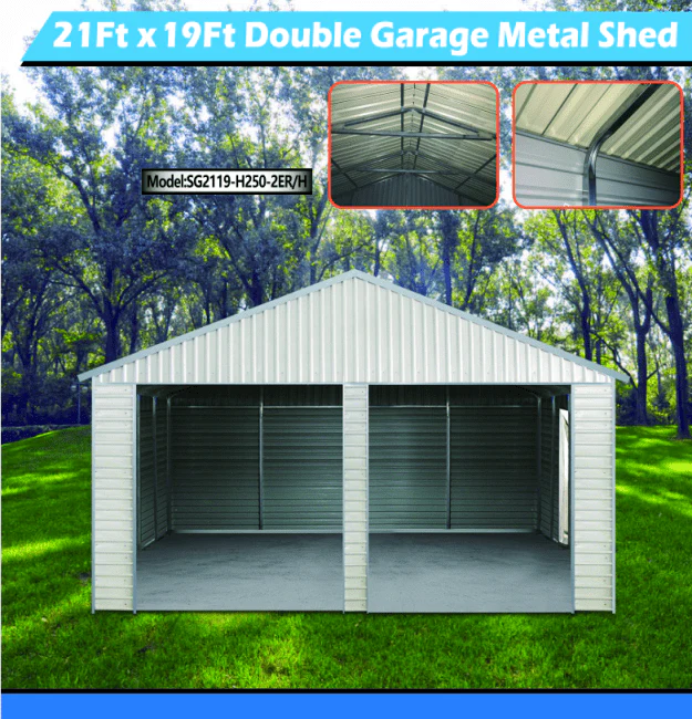 21x19 FT Double Metal Garage Shed – Optional Roll-Up Doors, Heavy-Duty Storage - Image 3