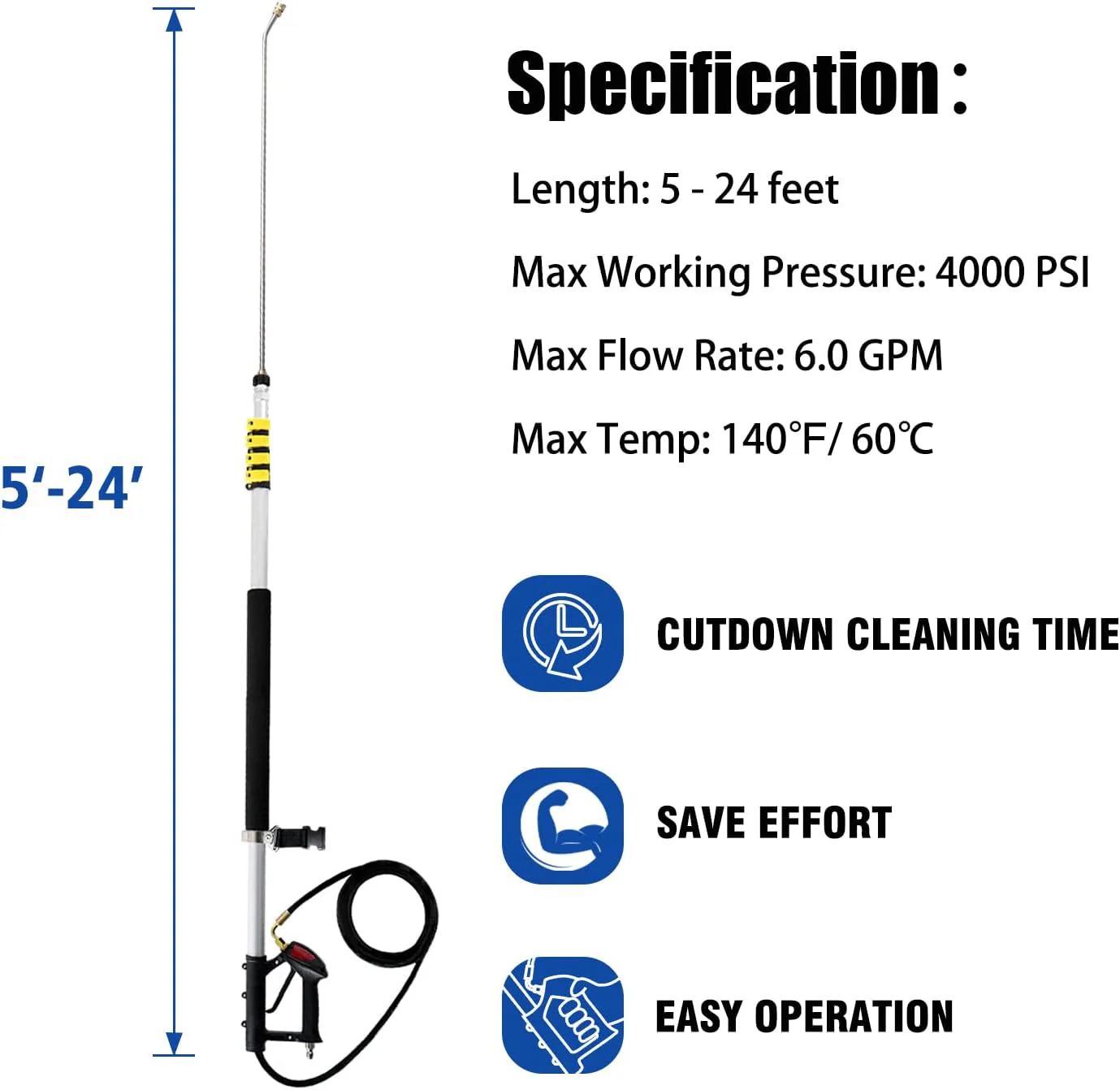 24 ft Telescoping Pressure Washer Wand Kit – Brush Head, Gutter Cleaner, 7 Nozzles – PWTW - Image 2