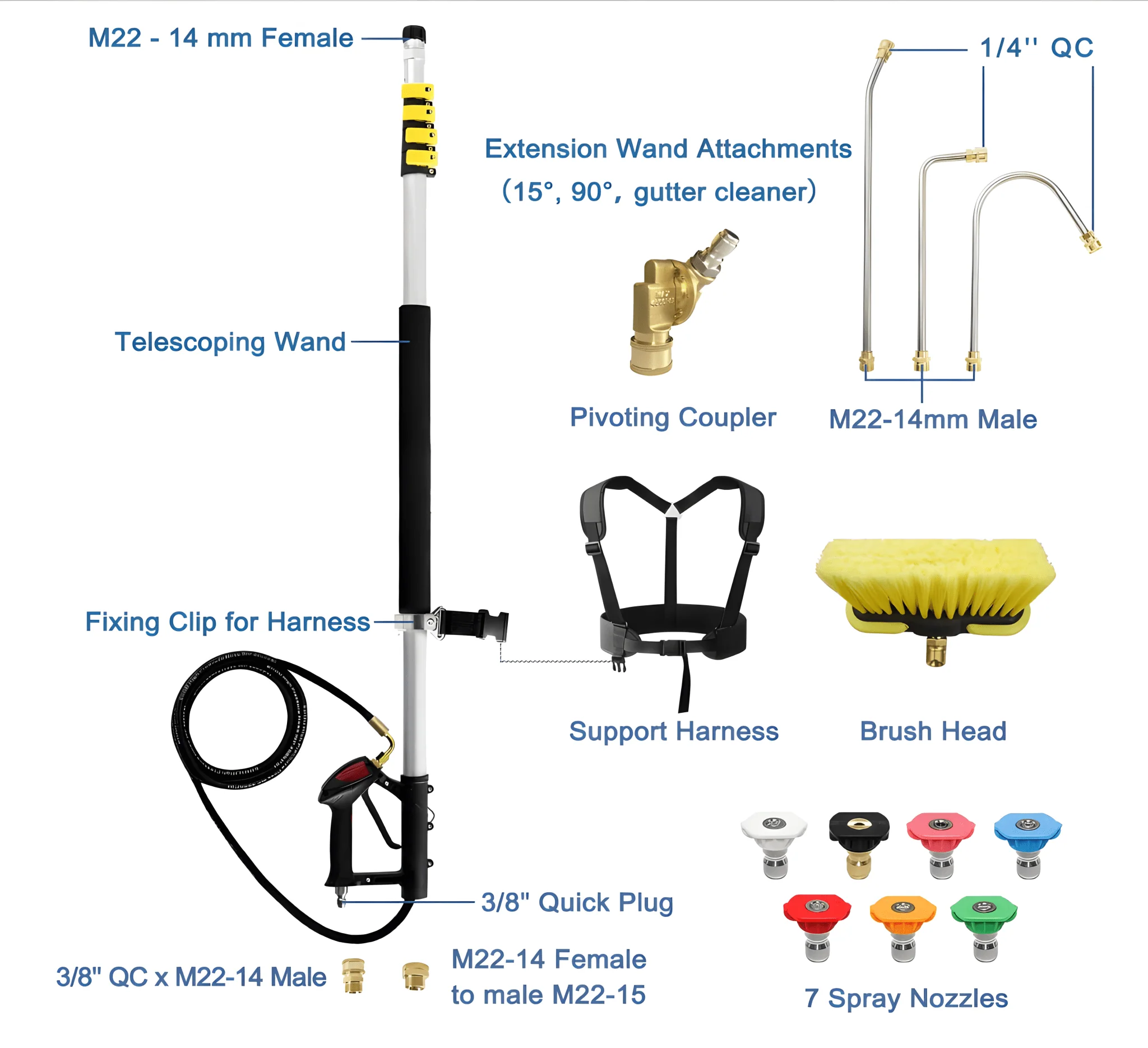 24 ft Telescoping Pressure Washer Wand Kit – Brush Head, Gutter Cleaner, 7 Nozzles – PWTW - Image 5