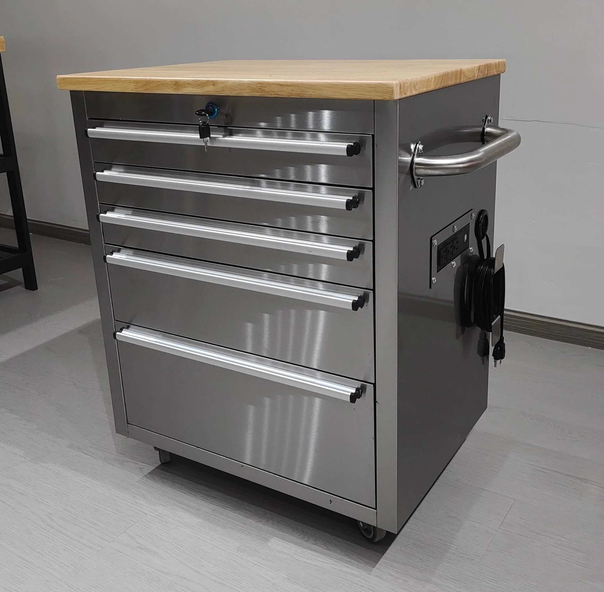 26-Inch 5-Drawer Stainless Steel Tool Bench with Rubber Wood Top – Rolling Workbench with Locking Drawers & Casters – TB2619S