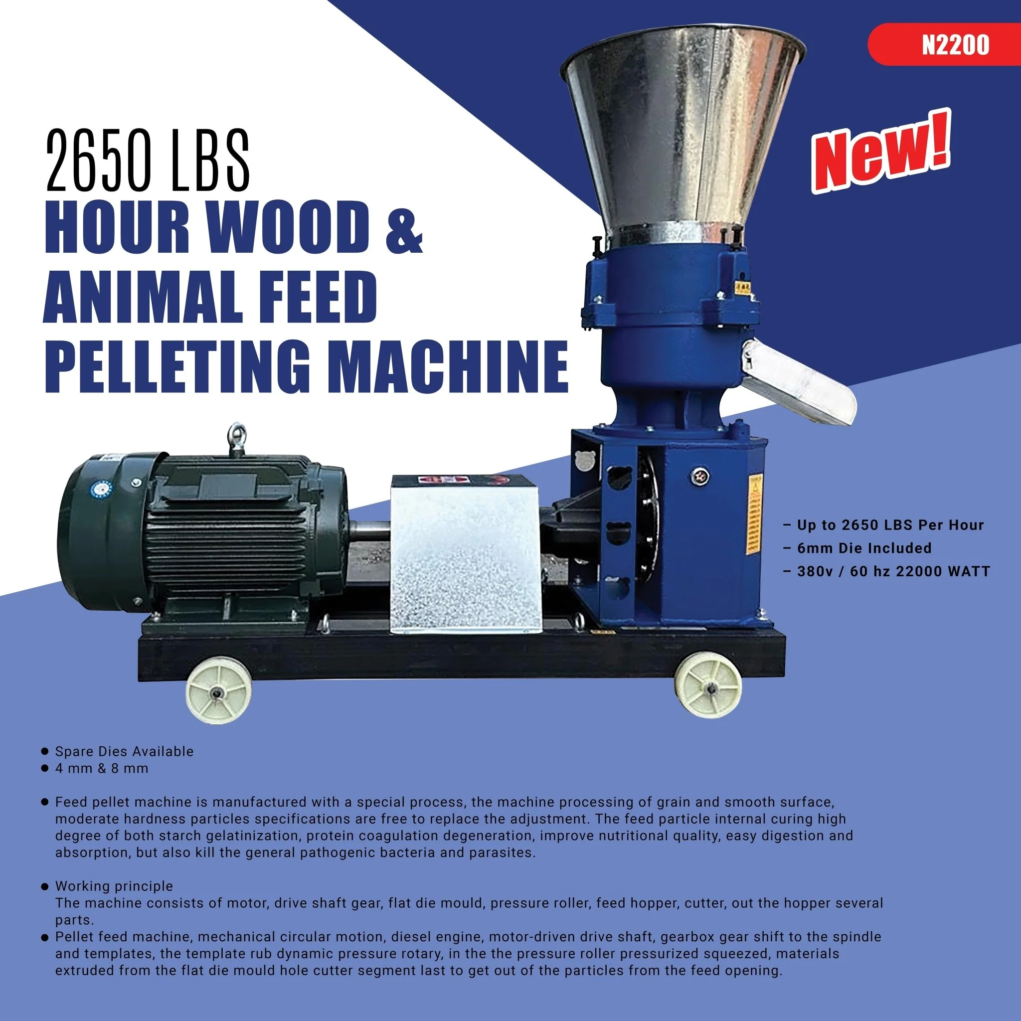 2650 LBS/Hour Wood & Animal Feed Pellet Machine – Heavy-Duty Pelleting Machine N2200