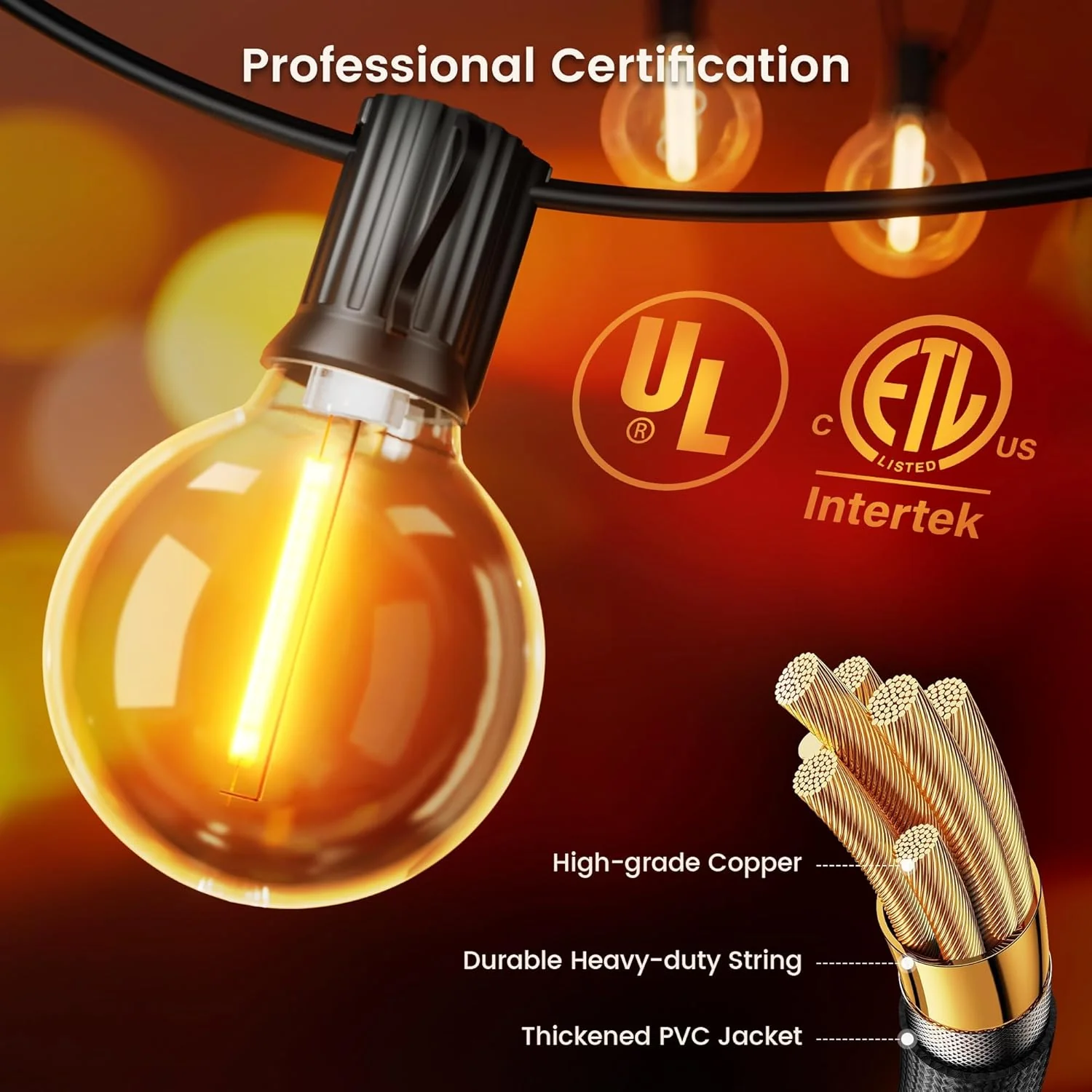 27FT Outdoor G40 Globe Patio Lights – 13 Dimmable LED Bulbs 2200K – JXG4027 - Image 2
