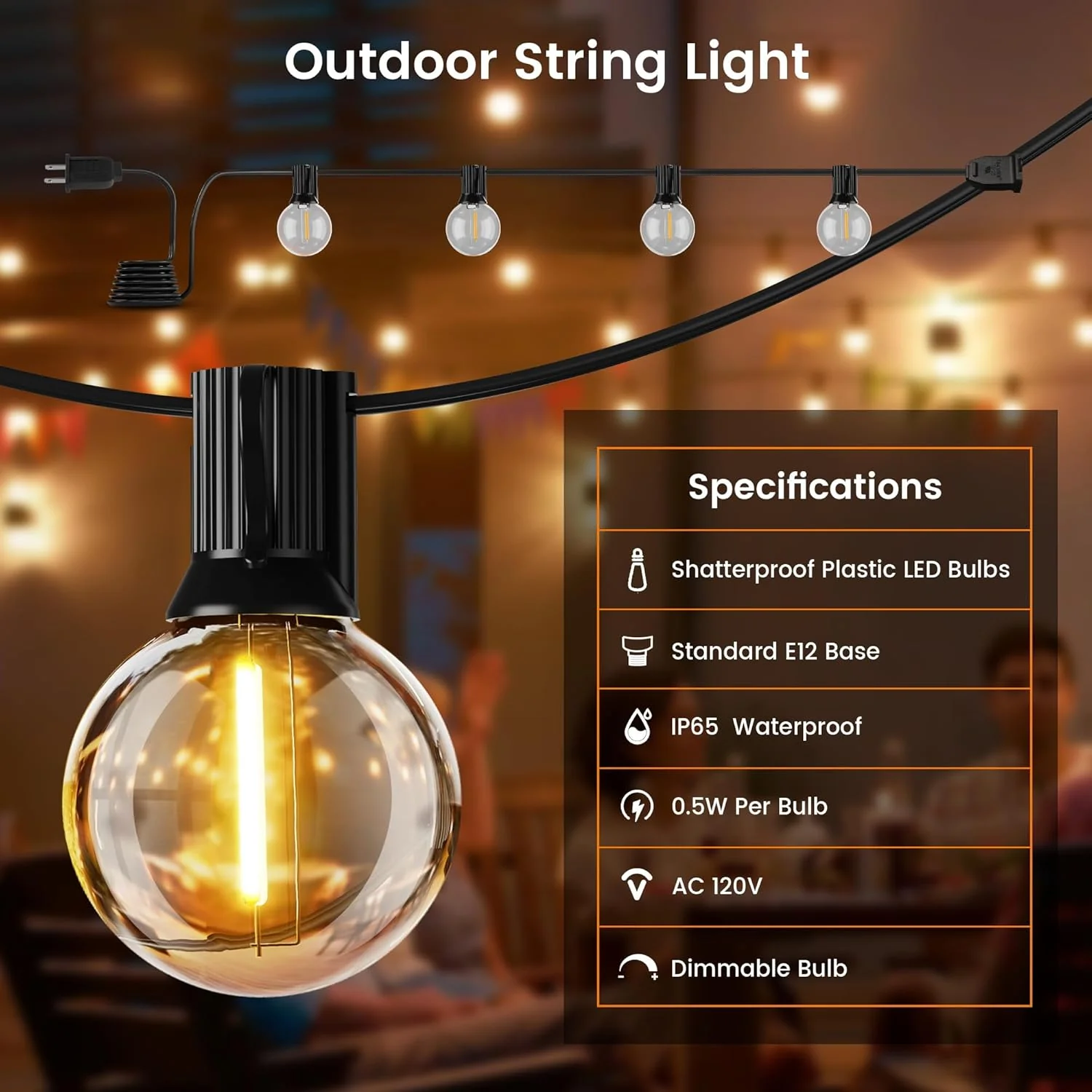 27FT Outdoor G40 Globe Patio Lights – 13 Dimmable LED Bulbs 2200K – JXG4027 - Image 3
