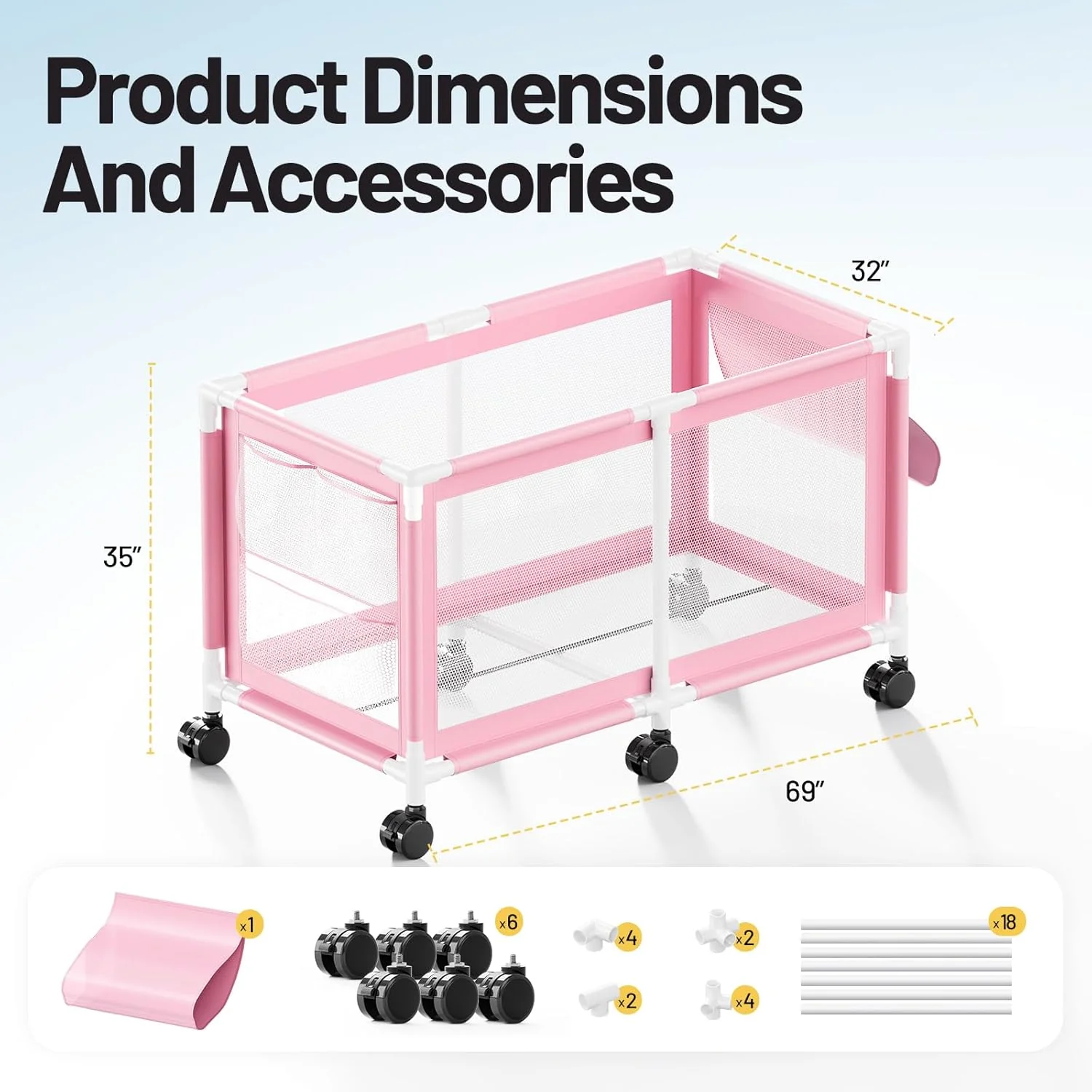 280-Gallon Extra Large Pool Storage Bin – 69" Rolling Mesh Organizer (Pink)