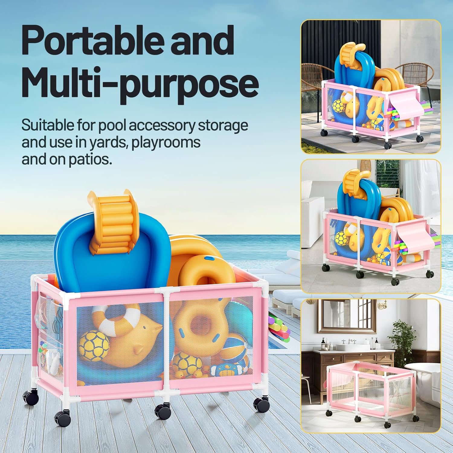 280-Gallon Extra Large Pool Storage Bin – 69" Rolling Mesh Organizer (Pink) - Image 3