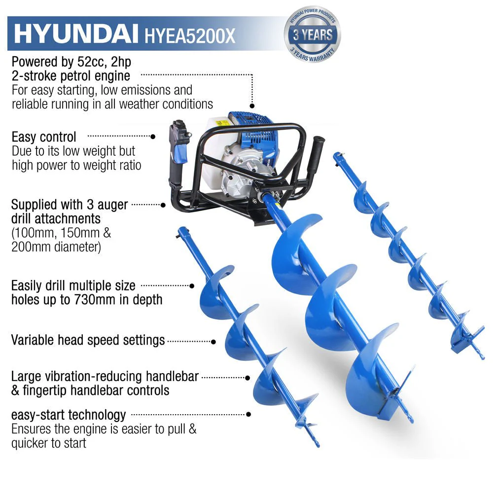 Hyundai Petrol Earth Auger 52cc Fence Post Borer with 3 Drill Bits HYEA5200X-KIT - Image 2