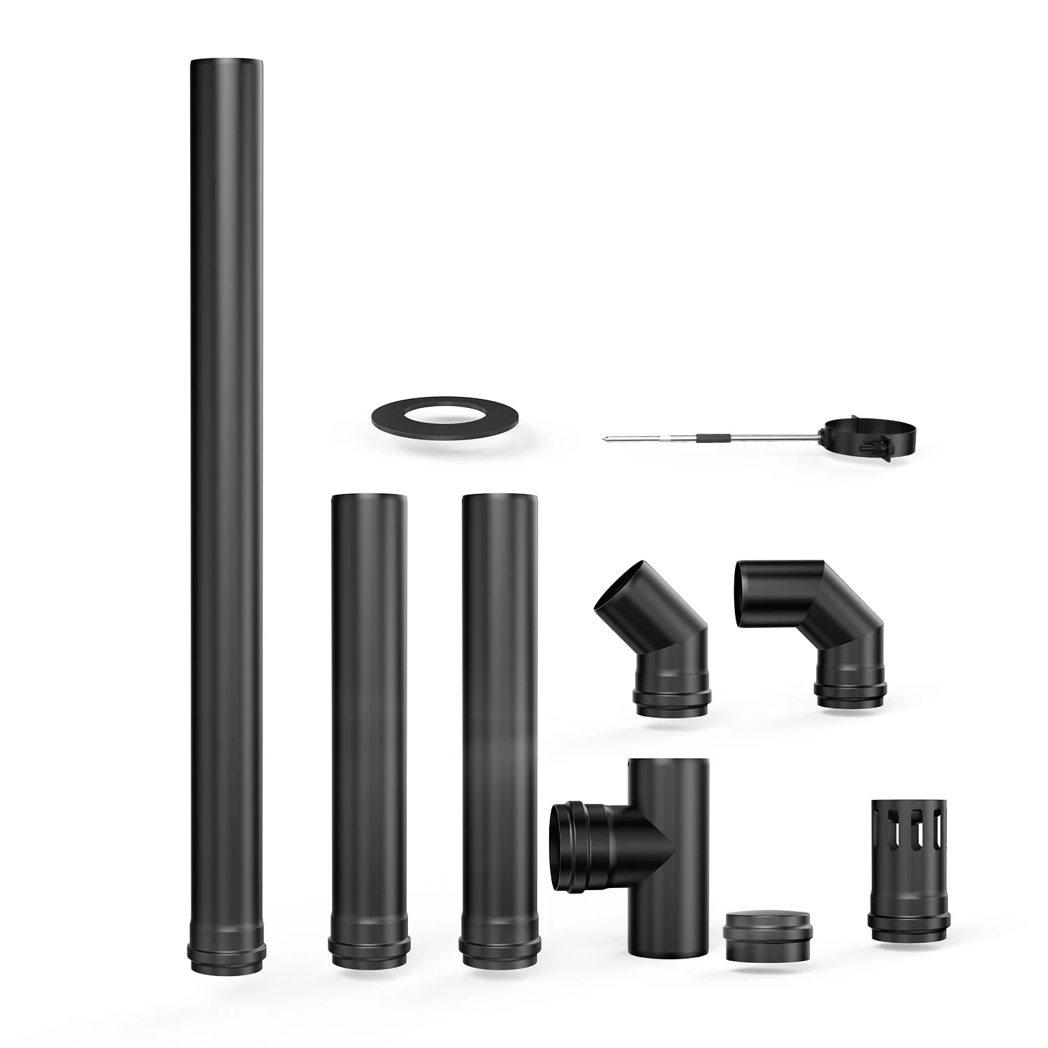 (3.15") Chimney Pipe Kit – Complete 1mm Steel Flue Set with Cap, T-Pipe, Elbows & Trim Plate for Wood & Pellet Stoves KK48181