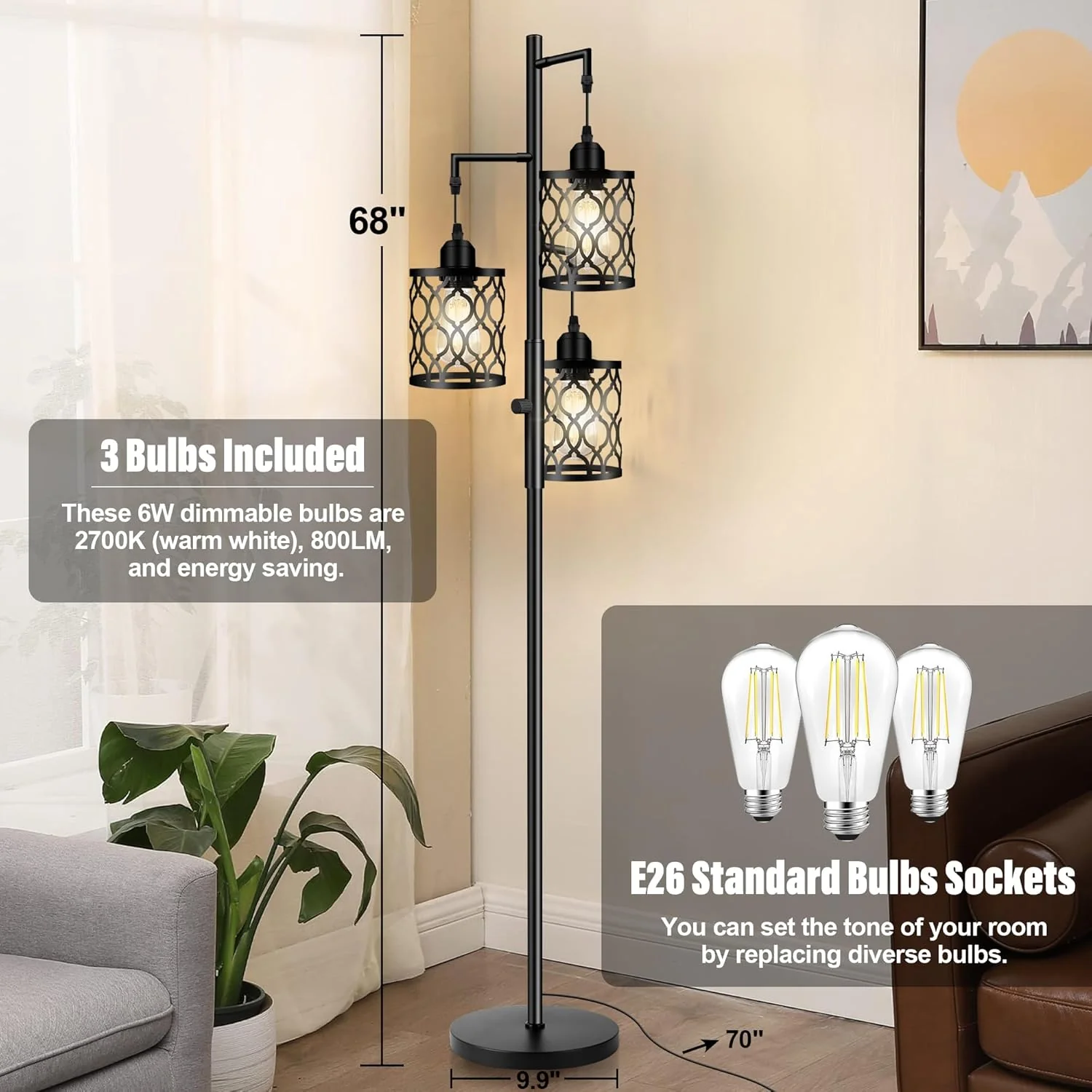 3-Light LED Floor Lamp – Adjustable Industrial Standing Lamp with Stepless Dimming | SKU: 250332 - Image 6