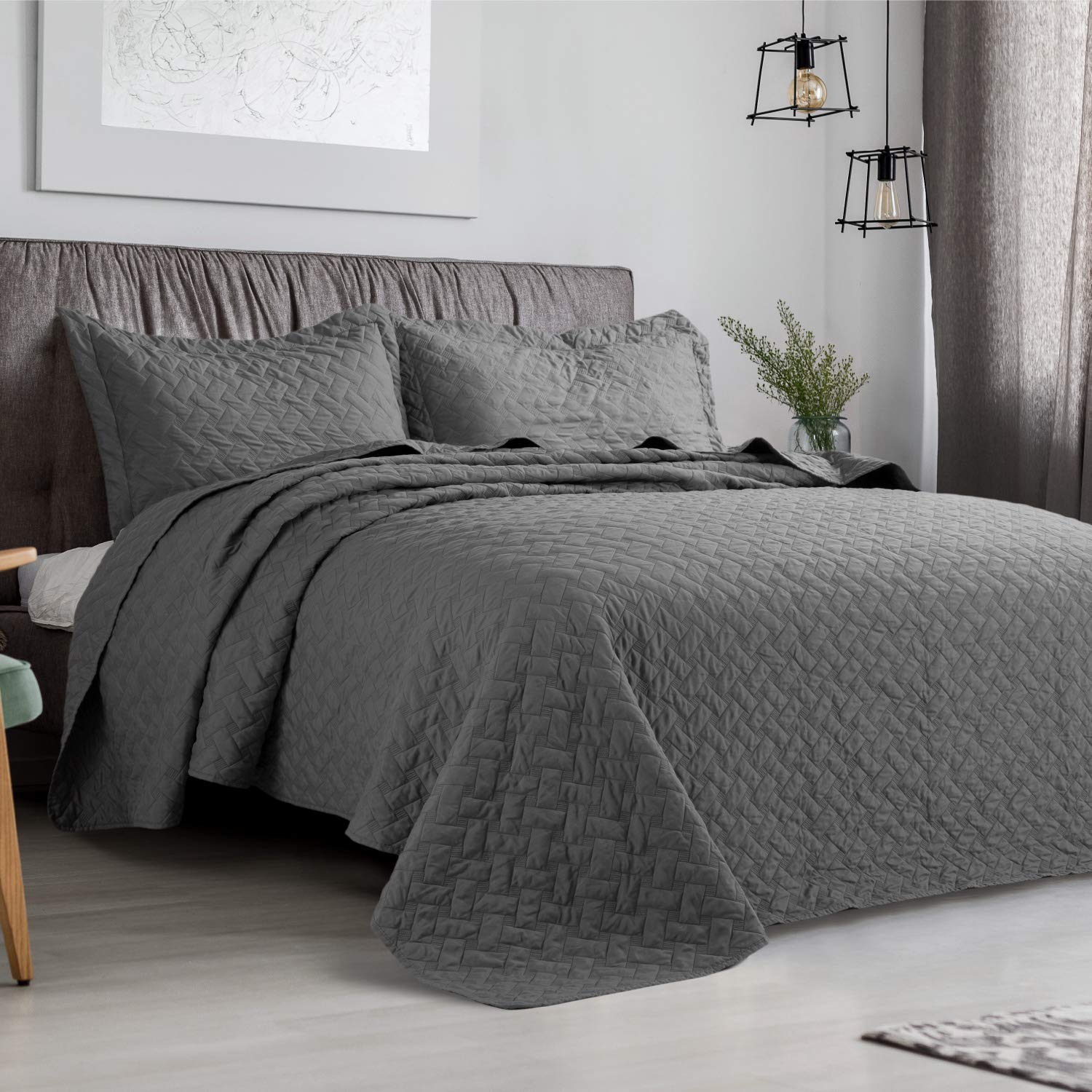 3-Piece Microfiber Quilt Set – Basketweave Pattern Bedspread, Twin, Queen & King - Image 3