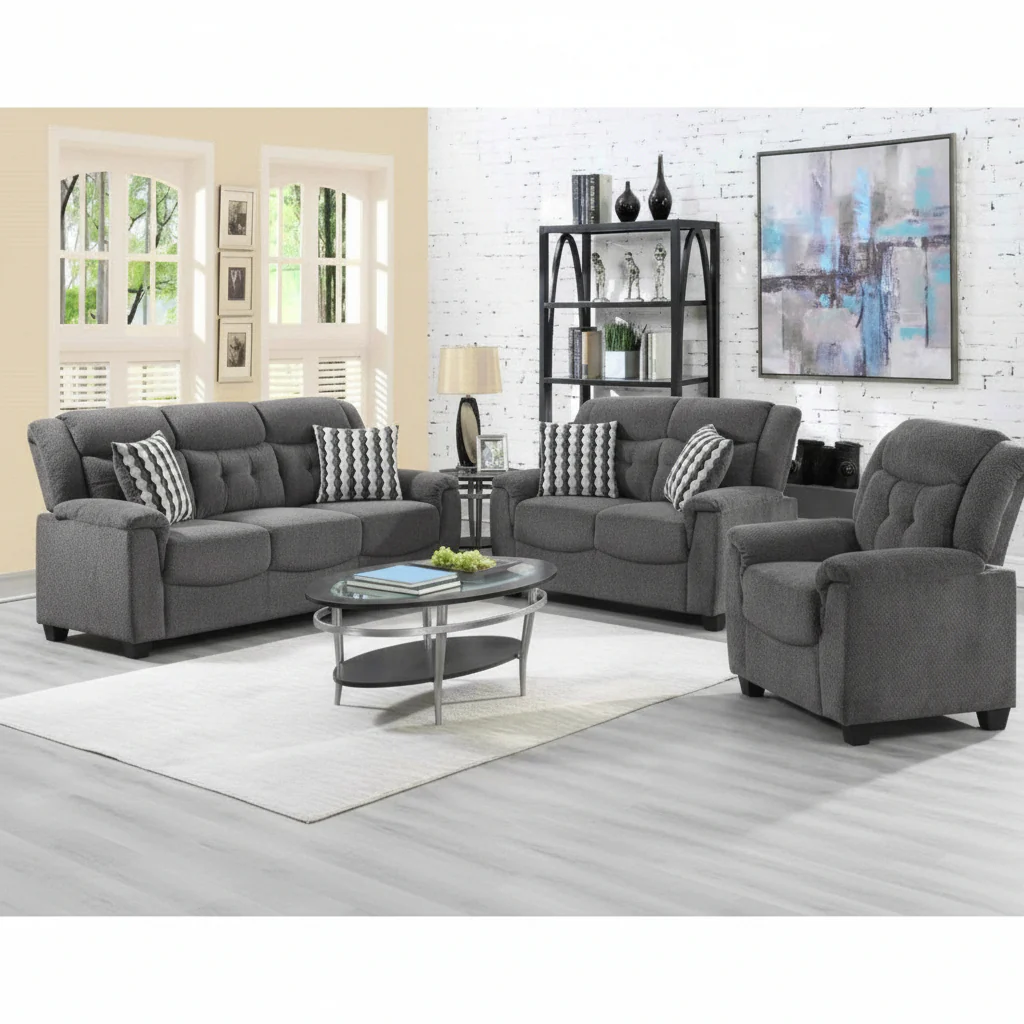 New 3 PCS Sofa, Loveseat & Chair Set – Modern Tufted Couch Combo with Foam Cushions & Wood Legs | BT2310 Black/Dark Gray