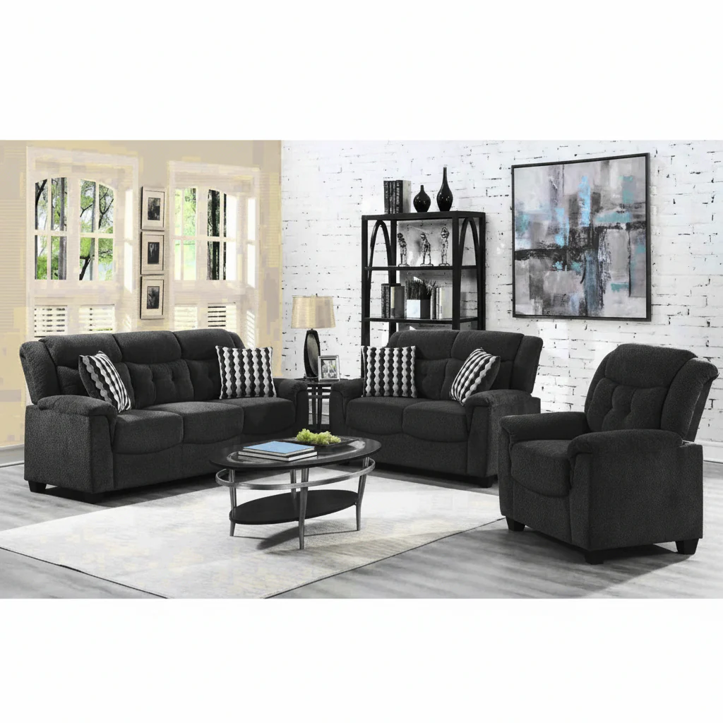 New 3 PCS Sofa, Loveseat & Chair Set – Modern Tufted Couch Combo with Foam Cushions & Wood Legs | BT2310 Black/Dark Gray - Image 2