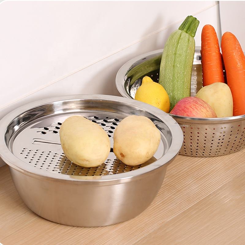 3 Piece Stainless Steel Grater Bowl Set with Draining Basin and Rice Washing Sieve M0423