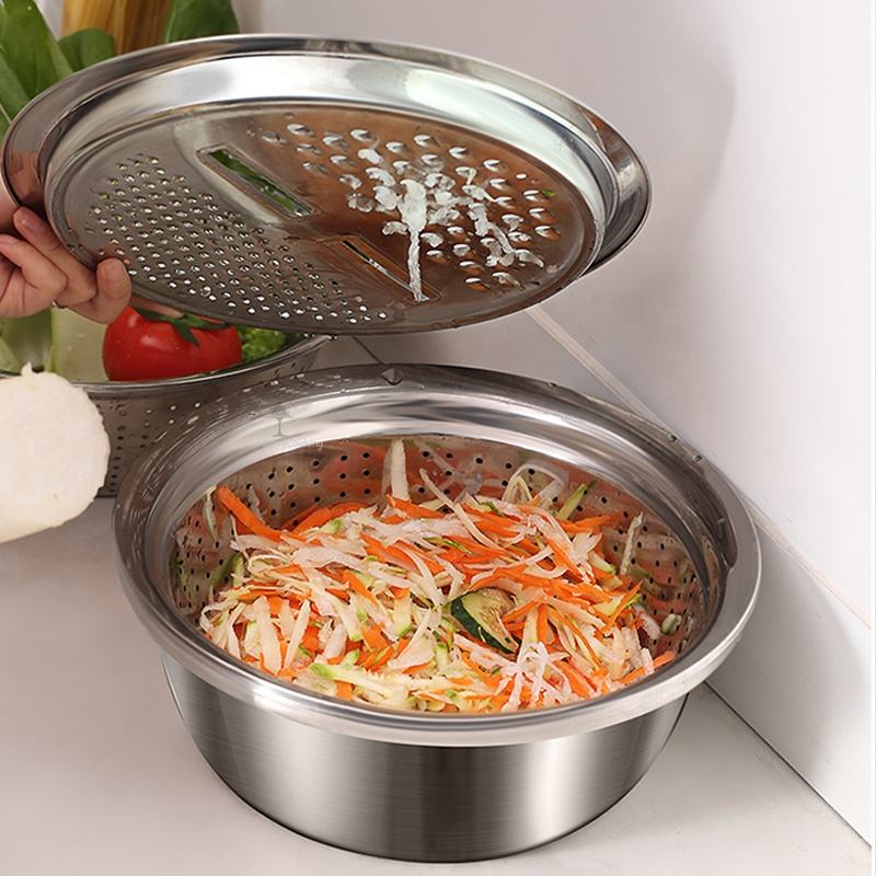 3 Piece Stainless Steel Grater Bowl Set with Draining Basin and Rice Washing Sieve M0423 - Image 3