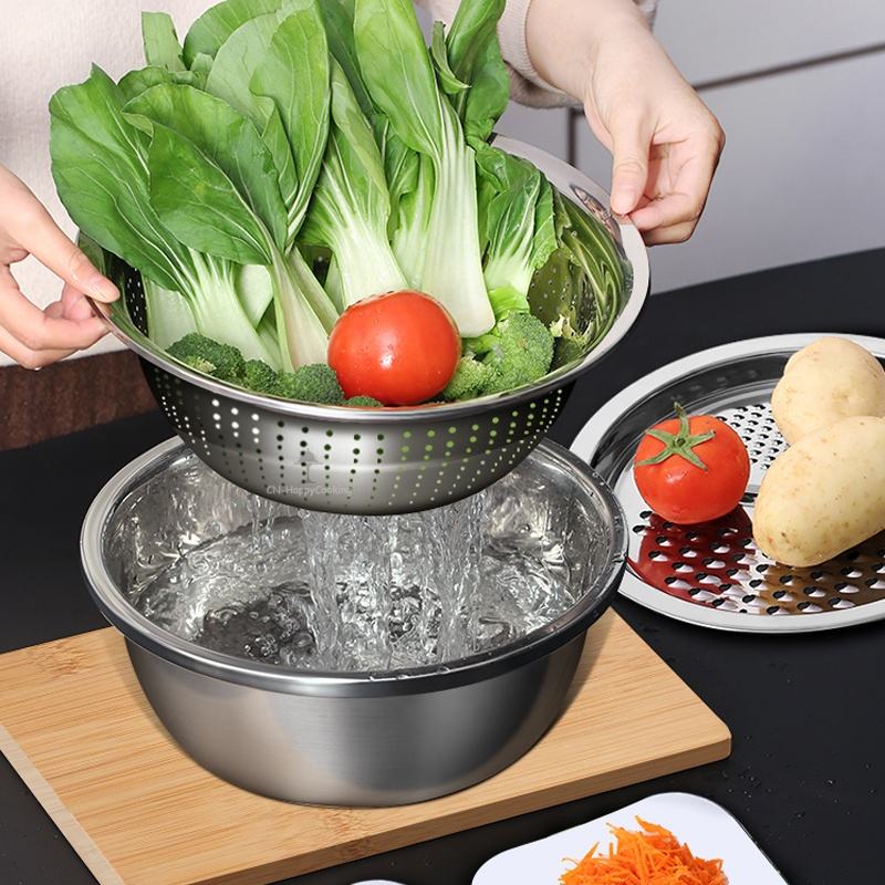 3 Piece Stainless Steel Grater Bowl Set with Draining Basin and Rice Washing Sieve M0423 - Image 5