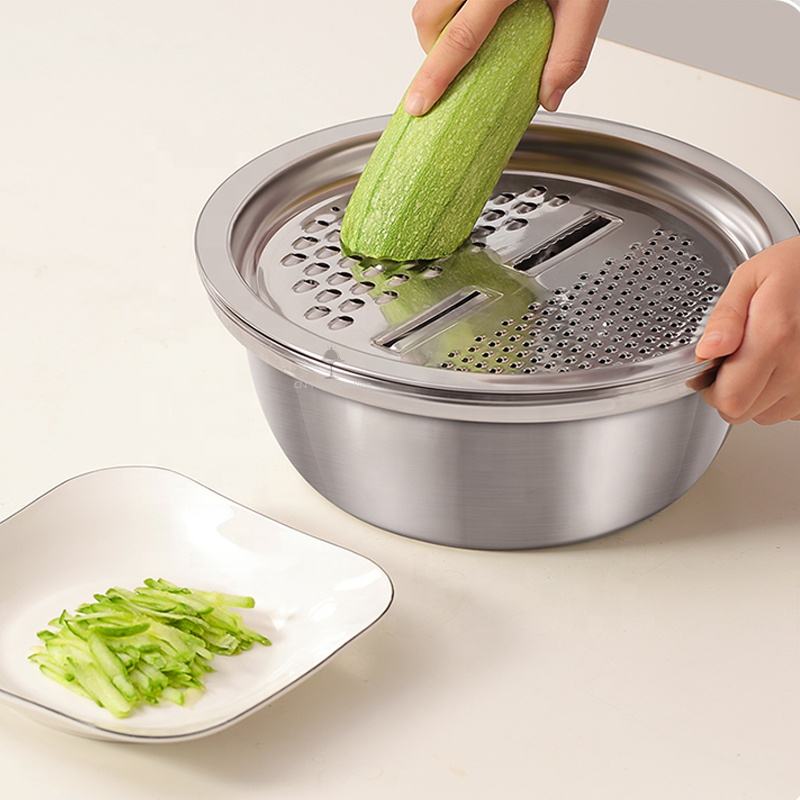 3 Piece Stainless Steel Grater Bowl Set with Draining Basin and Rice Washing Sieve M0423 - Image 6