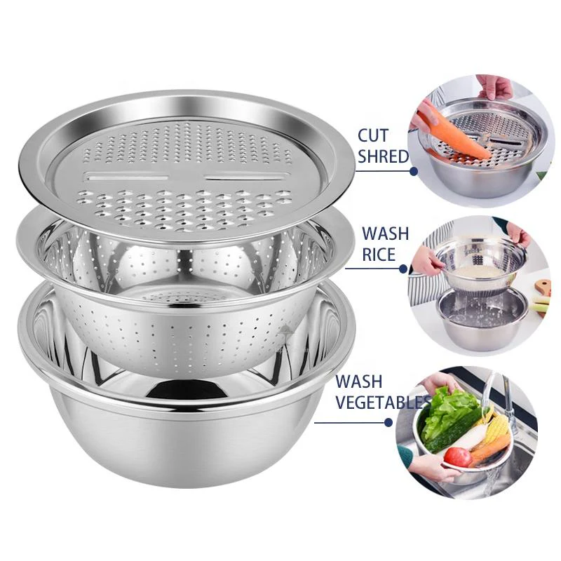 3 Piece Stainless Steel Grater Bowl Set with Draining Basin and Rice Washing Sieve M0423 - Image 7