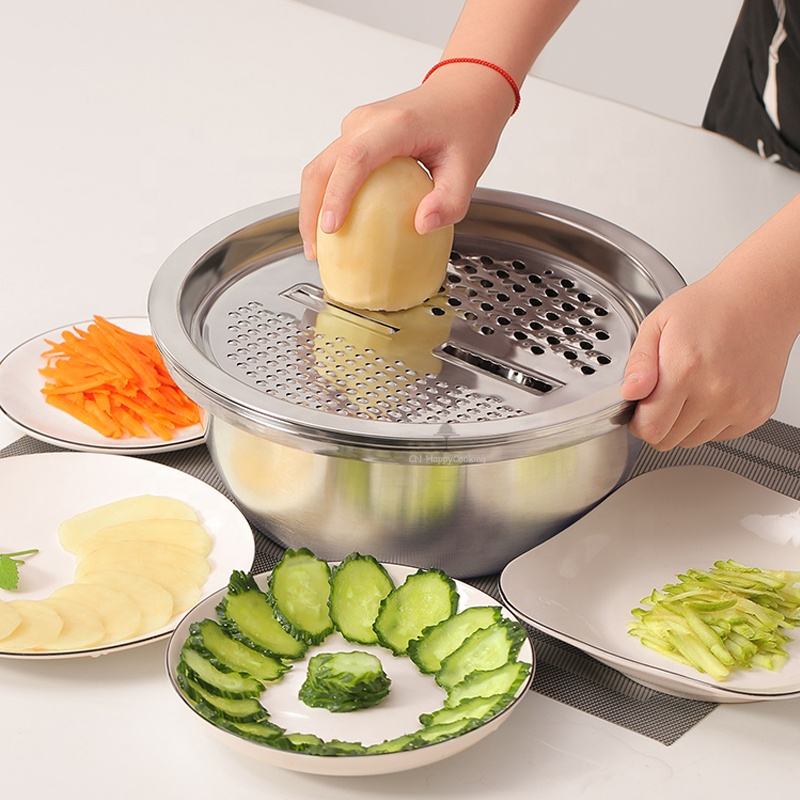3 Piece Stainless Steel Grater Bowl Set with Draining Basin and Rice Washing Sieve M0423 - Image 8