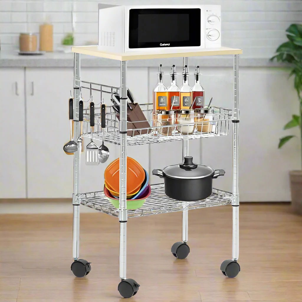 New 3-Tier Rolling Microwave Cart Kitchen Chrome – Mobile Storage & Organizer with Wheels CC2135