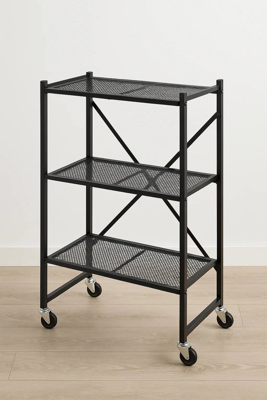 3-Tier Rolling Kitchen Storage Rack – Foldable Black Metal Shelf Organizer | SKU: AMMTR3