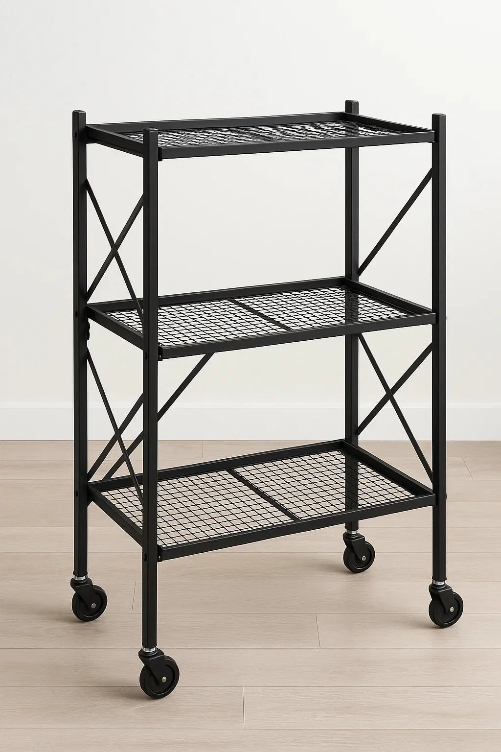3-Tier Rolling Kitchen Storage Rack – Foldable Black Metal Shelf Organizer | SKU: AMMTR3 - Image 2