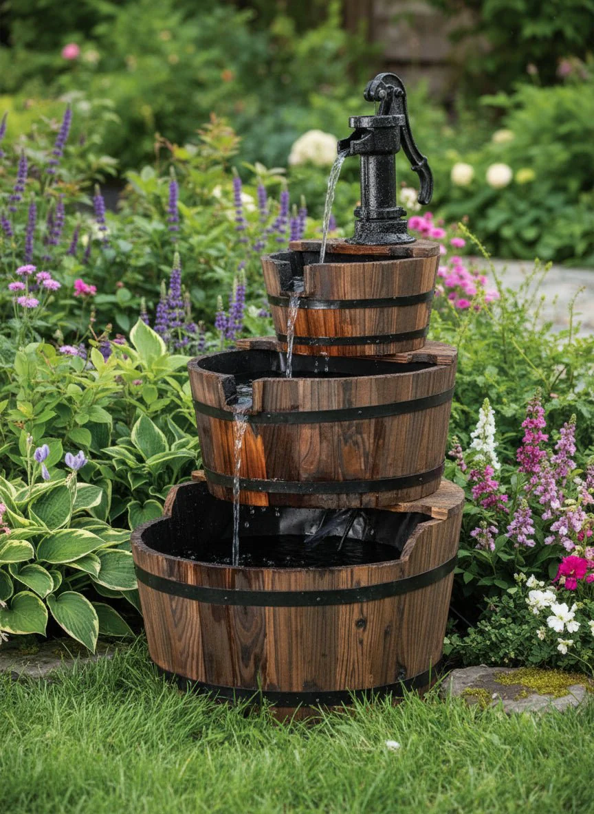 3 Tier Wooden Barrel Water Fountain with Pump – Rustic Outdoor Garden Feature WWF51