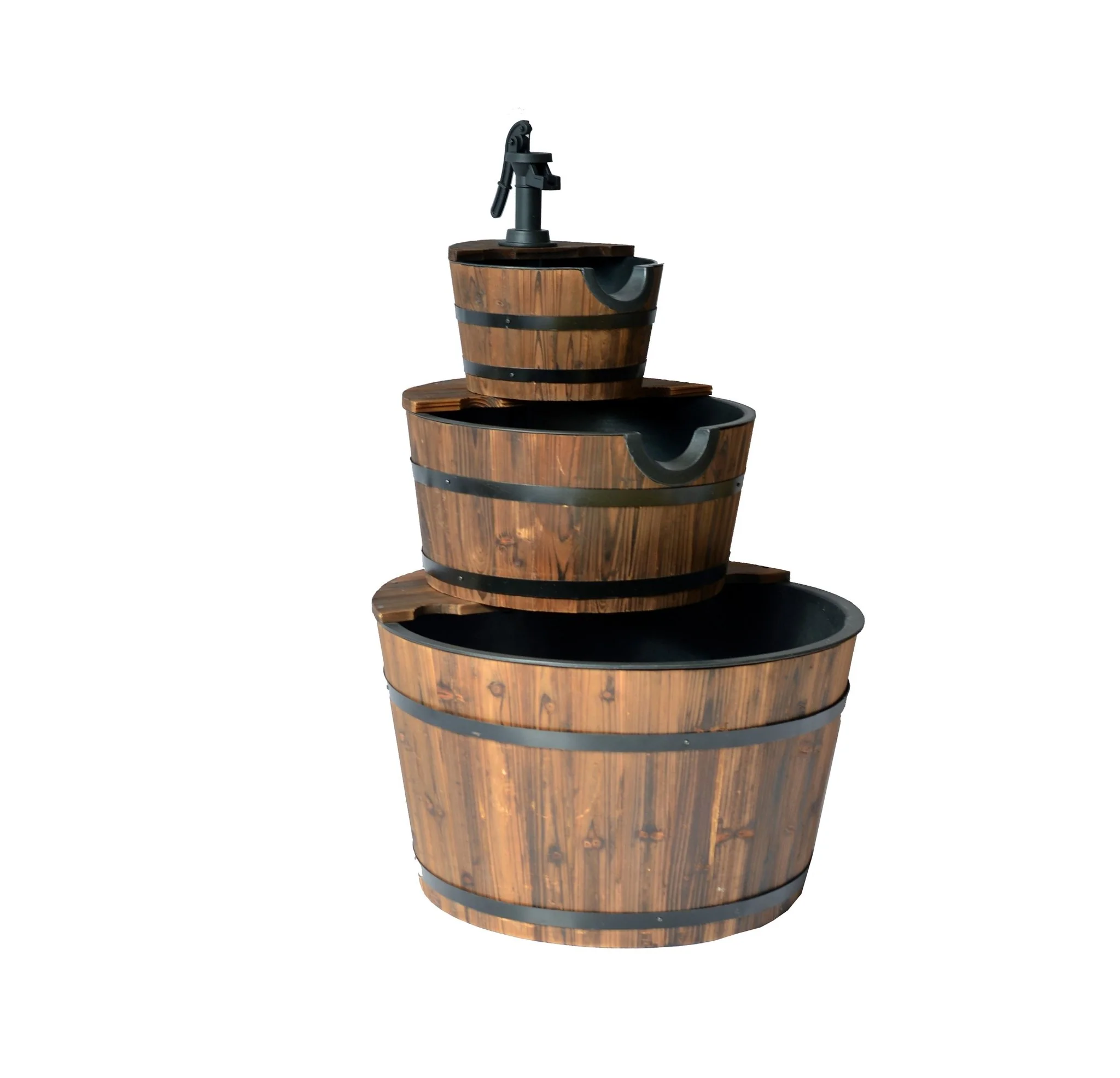 3 Tier Wooden Barrel Water Fountain with Pump – Rustic Outdoor Garden Feature WWF51 - Image 2