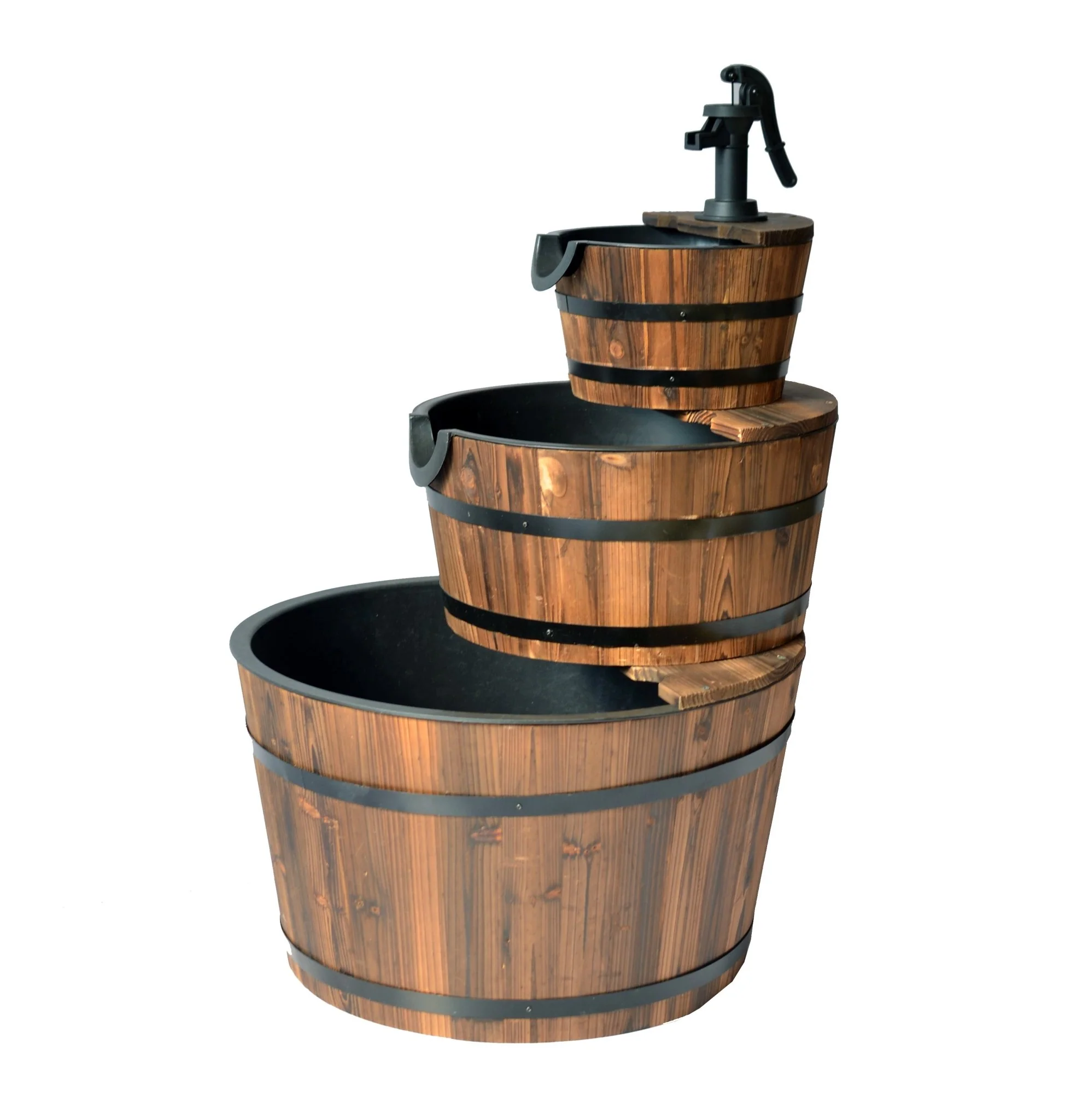 3 Tier Wooden Barrel Water Fountain with Pump – Rustic Outdoor Garden Feature WWF51 - Image 3