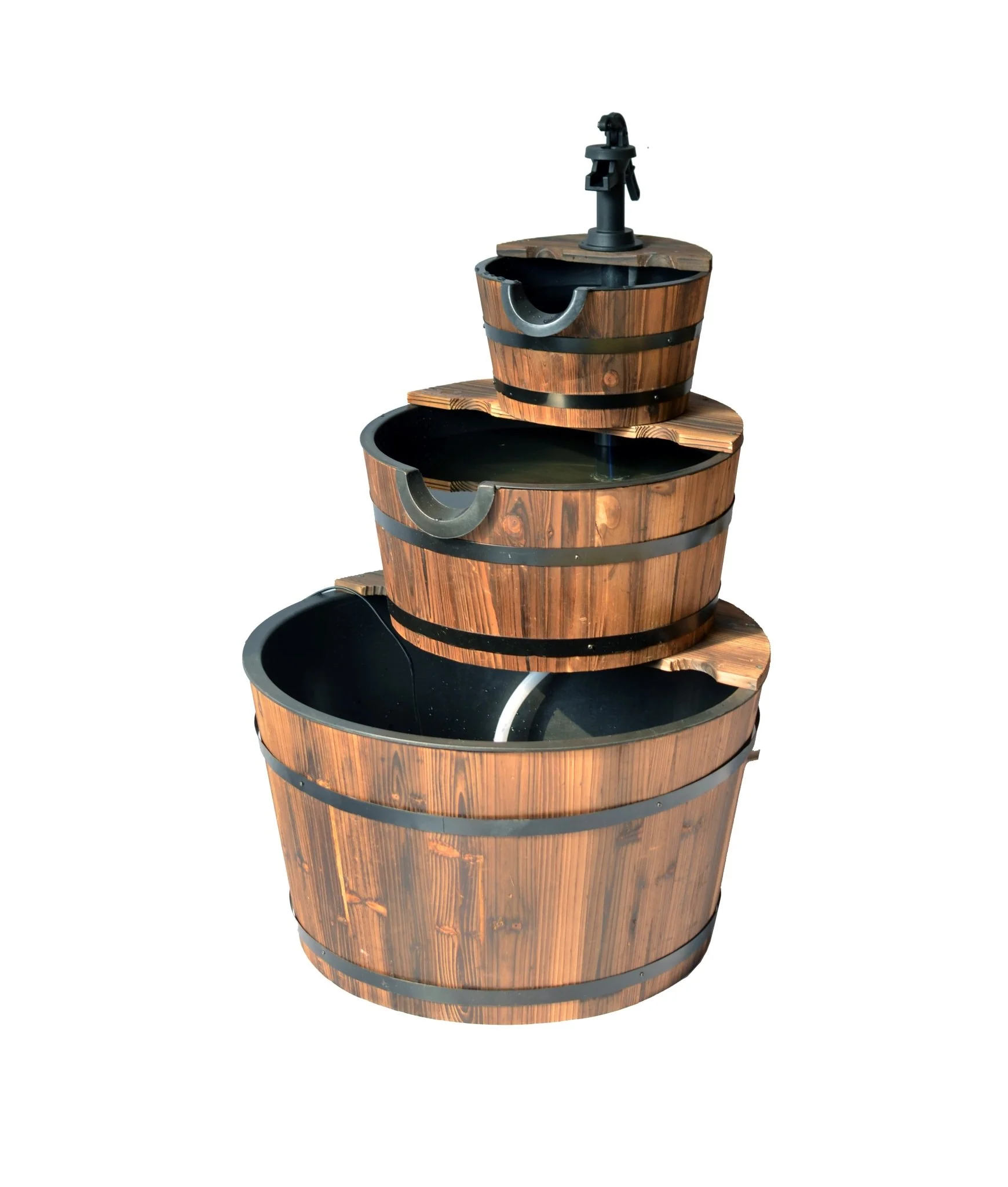 3 Tier Wooden Barrel Water Fountain with Pump – Rustic Outdoor Garden Feature WWF51 - Image 4