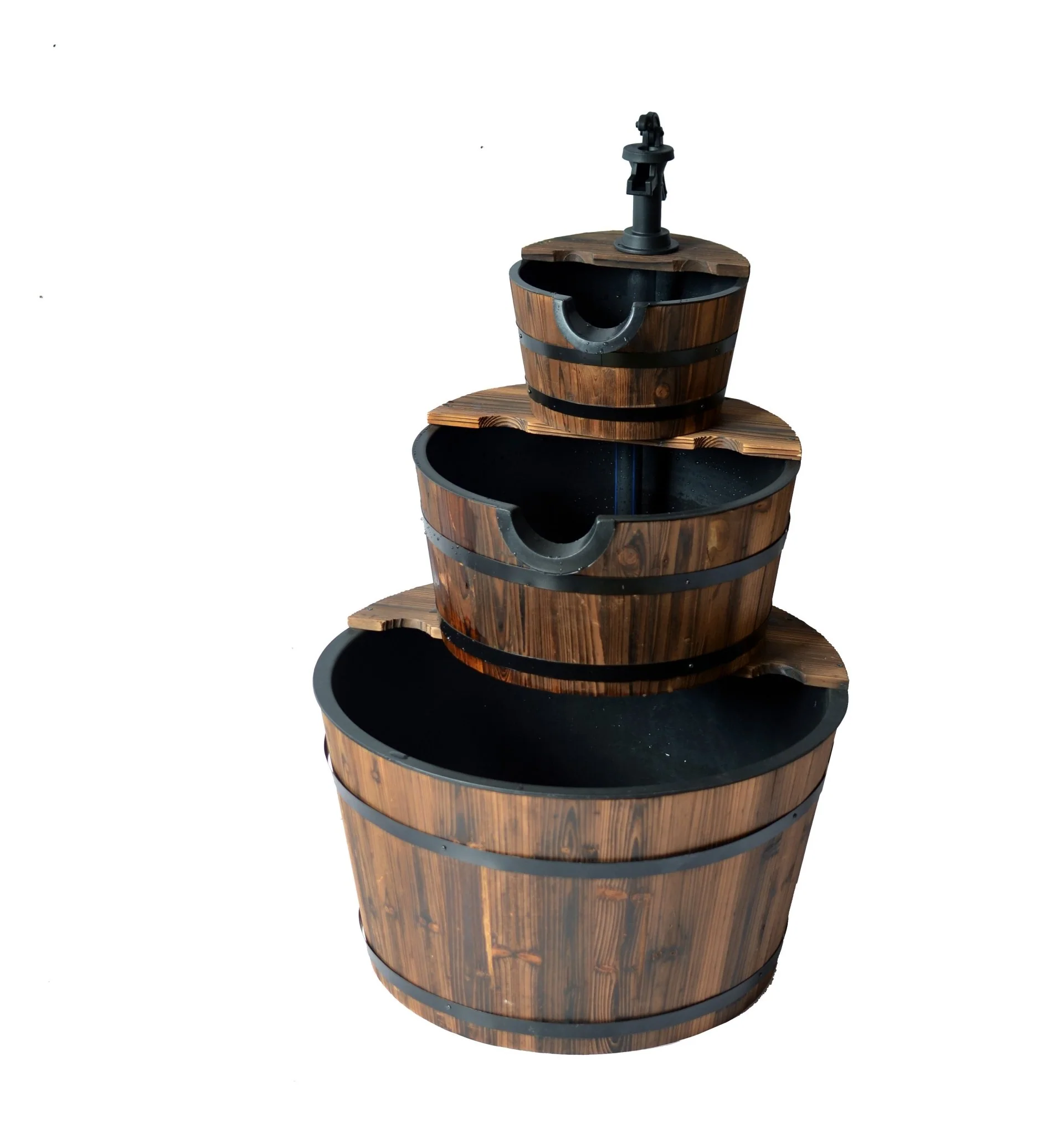 3 Tier Wooden Barrel Water Fountain with Pump – Rustic Outdoor Garden Feature WWF51 - Image 6