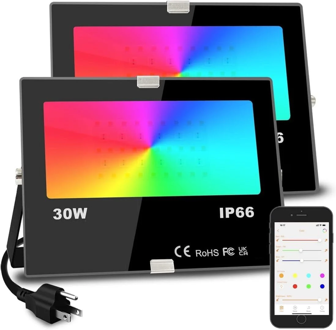 30W Smart RGBW LED Flood Lights – 2 Pack – 300W Equivalent, 3000 Lumens, Bluetooth App Control, 16 Million Colors, Music Sync, IP66 – 1284844