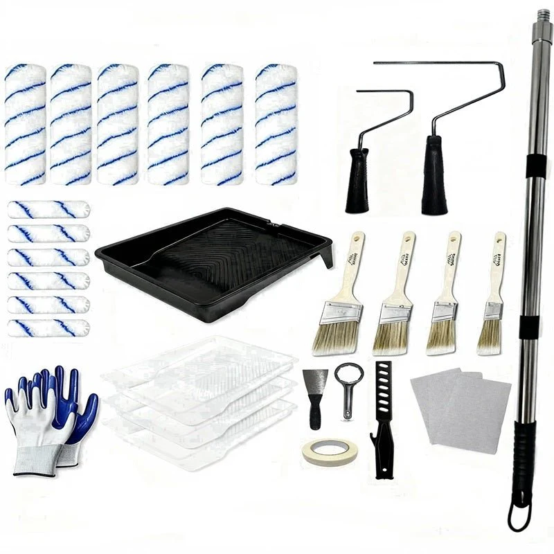 32 Piece Paint Roller Kit with Extension Pole Trays and Brushes 12 to 59 Inch NPR032150