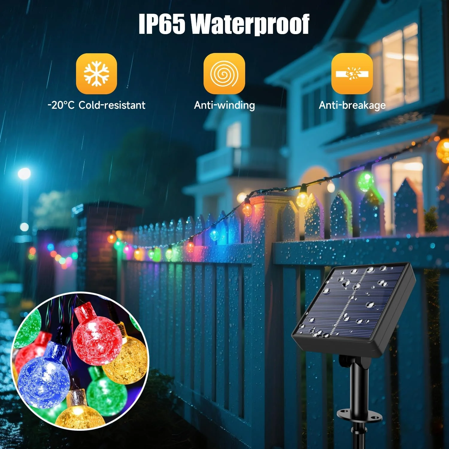35 FT Solar Globe String Lights – 60 LED Outdoor Waterproof Patio & Garden Lights (Warm White / Bright White / RGB) - Image 5