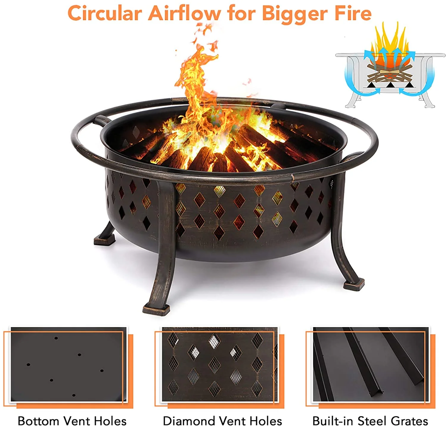 36″ Outdoor Fire Pit & BBQ Grill with Cooking Grate, Rubbed Bronze Finish – Wood-Burning Patio Fire Bowl 10114FP - Image 3