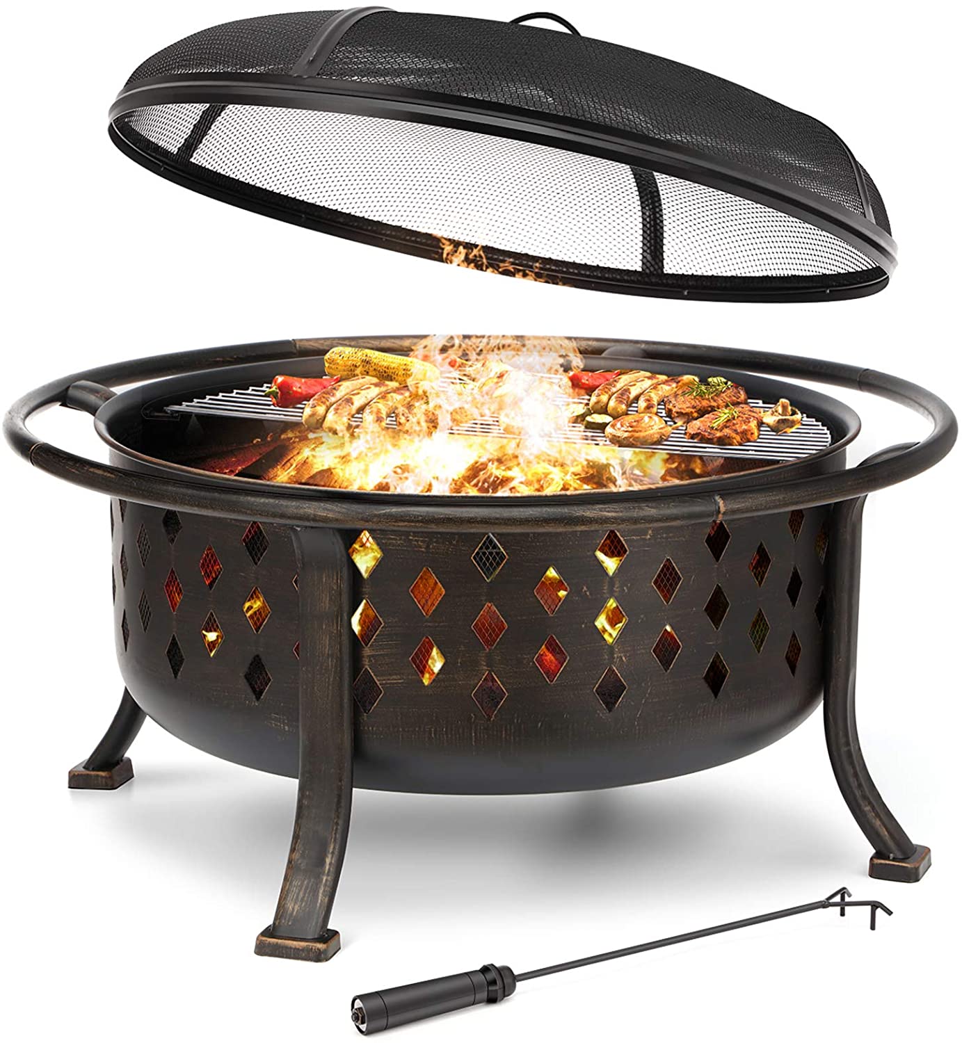 36″ Outdoor Fire Pit & BBQ Grill with Cooking Grate, Rubbed Bronze Finish – Wood-Burning Patio Fire Bowl 10114FP - Image 4