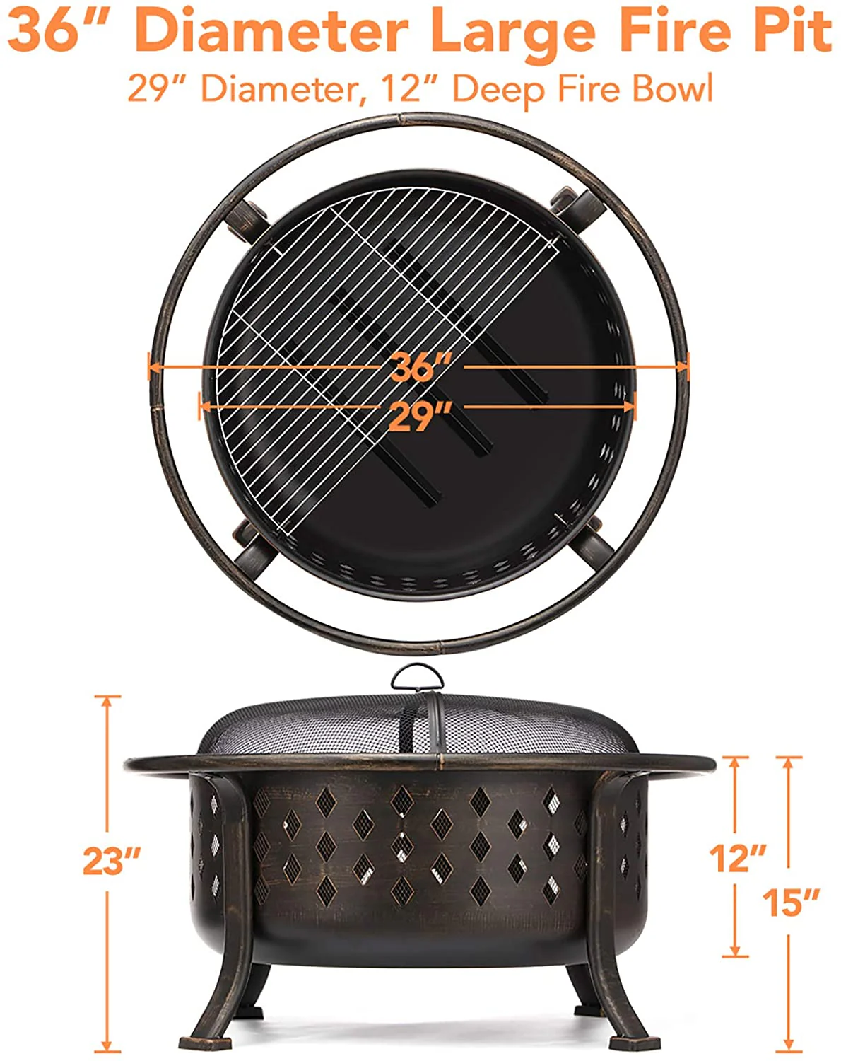 36″ Outdoor Fire Pit & BBQ Grill with Cooking Grate, Rubbed Bronze Finish – Wood-Burning Patio Fire Bowl 10114FP - Image 5