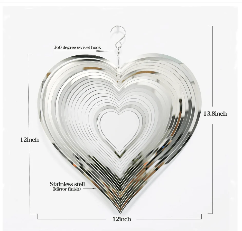 3D Stainless Steel Heart Wind Spinner – Silver Reflective Hanging Garden & Yard Decoration - Image 3