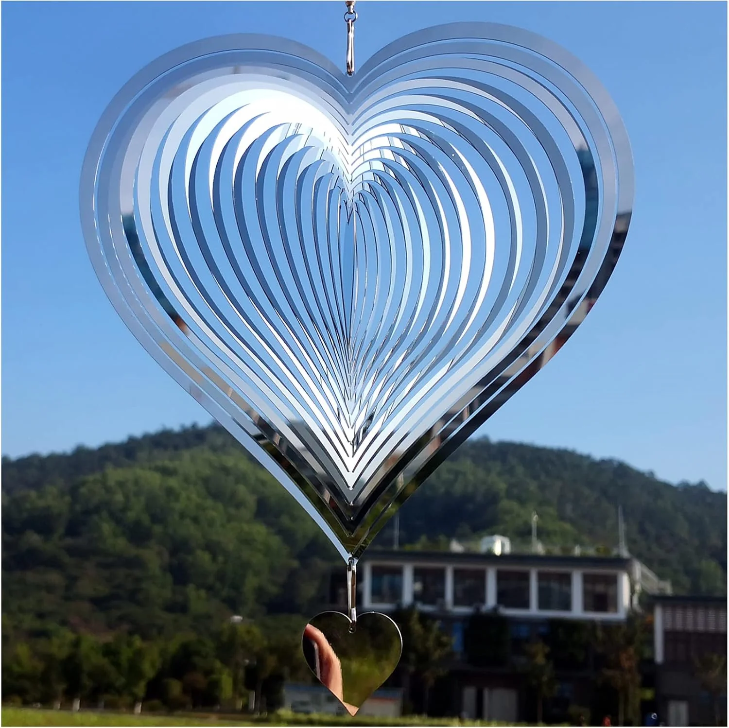 3D Stainless Steel Heart Wind Spinner – Silver Reflective Hanging Garden & Yard Decoration - Image 4
