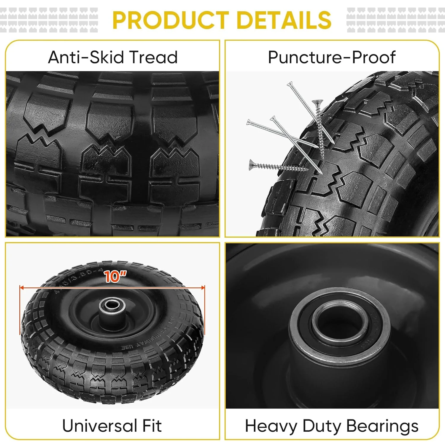 4.10/3.50-4 Solid Tire & Wheel Assembly 2-Pack – Flat-Free Replacement Wheels for Lawn & Utility Carts TS41004 - Image 6