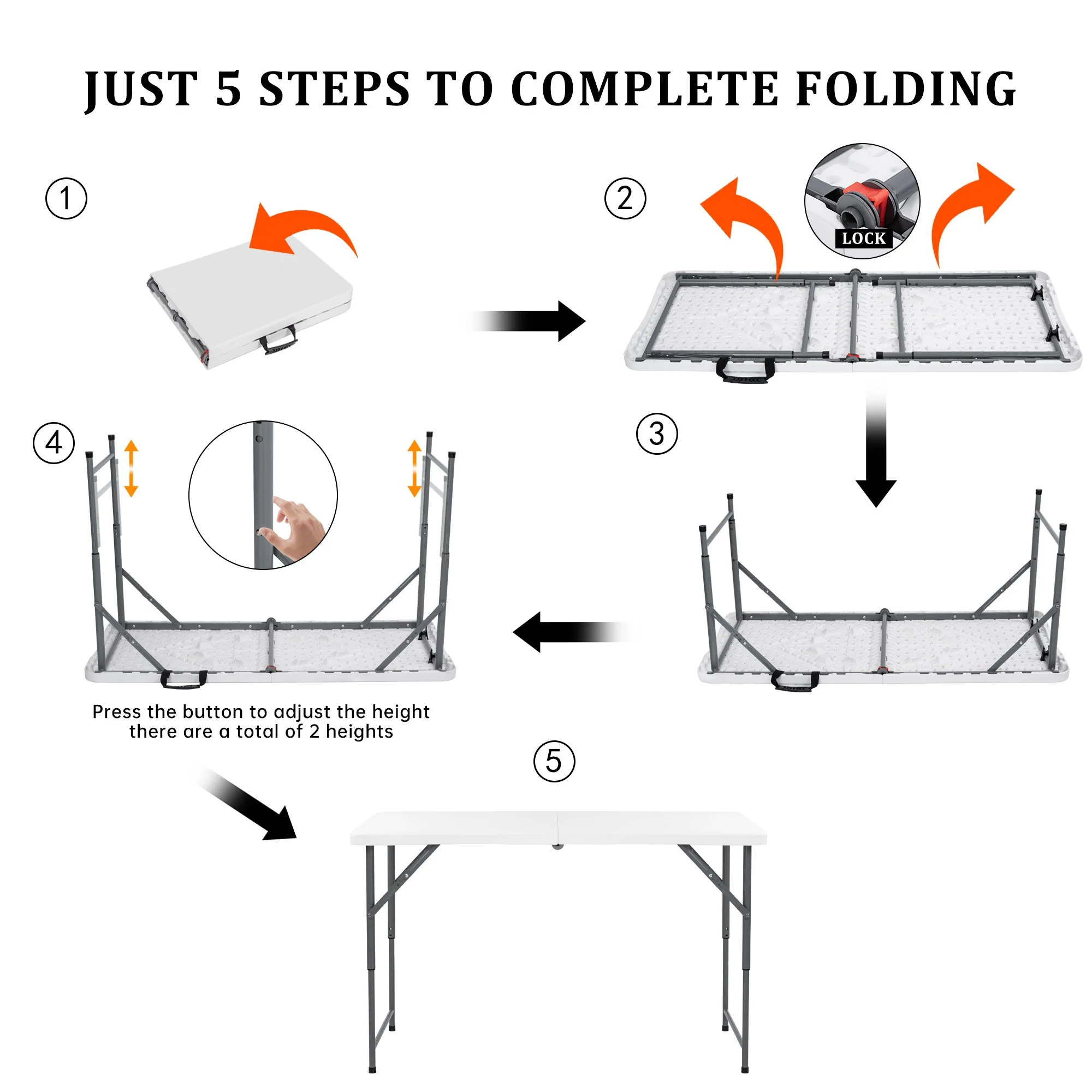 4-Foot Adjustable Height Folding Utility Table Portable Plastic AMPCT1224 - Image 4
