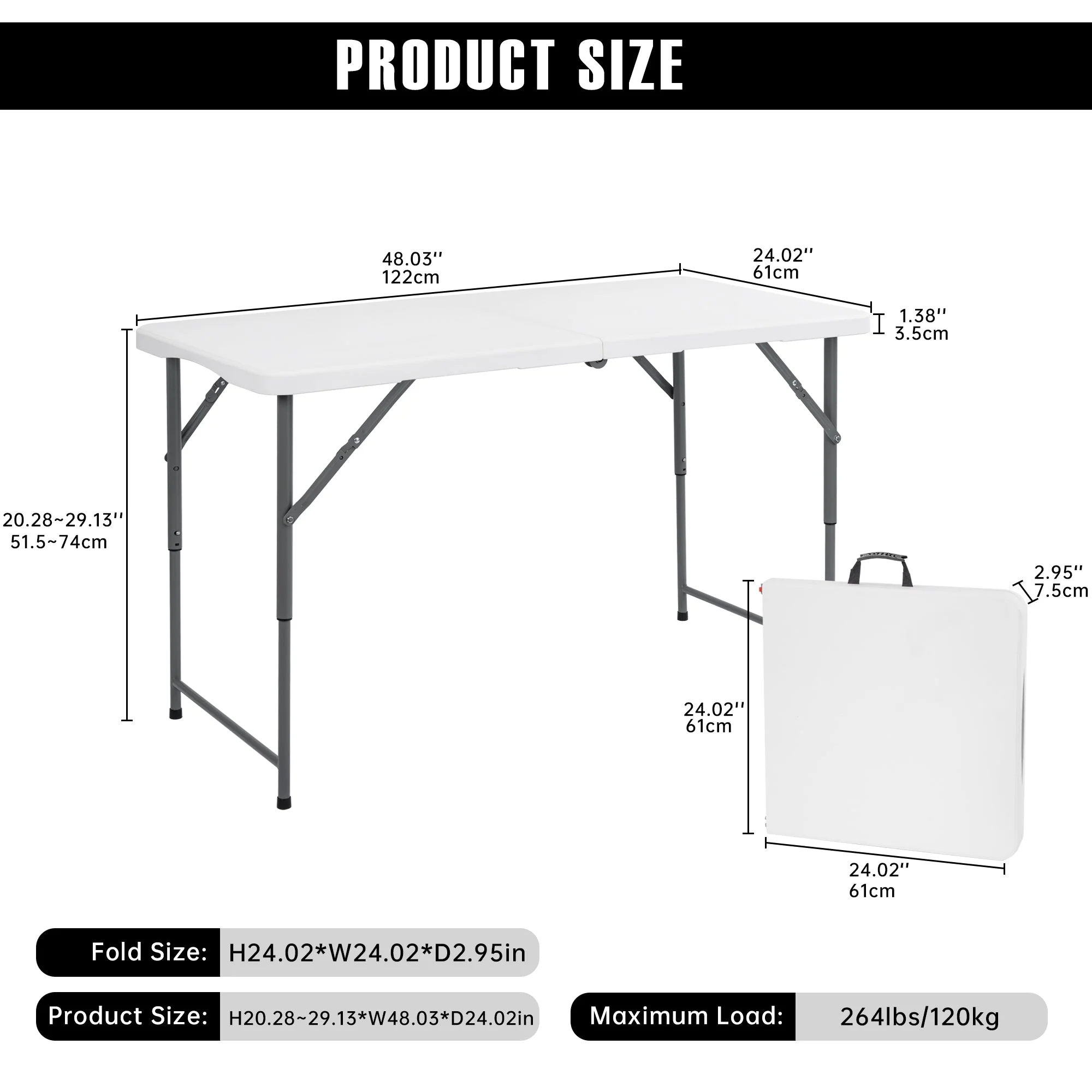 4-Foot Adjustable Height Folding Utility Table Portable Plastic AMPCT1224 - Image 5
